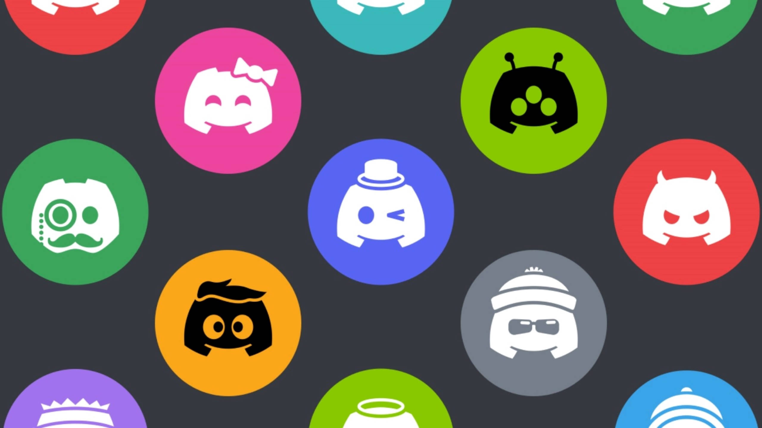 Discord 桌布 壁紙 — 充滿活力的圓形圖標，在深灰色背景上帶有色彩繽紛的背景和俏皮的白色卡通面孔。