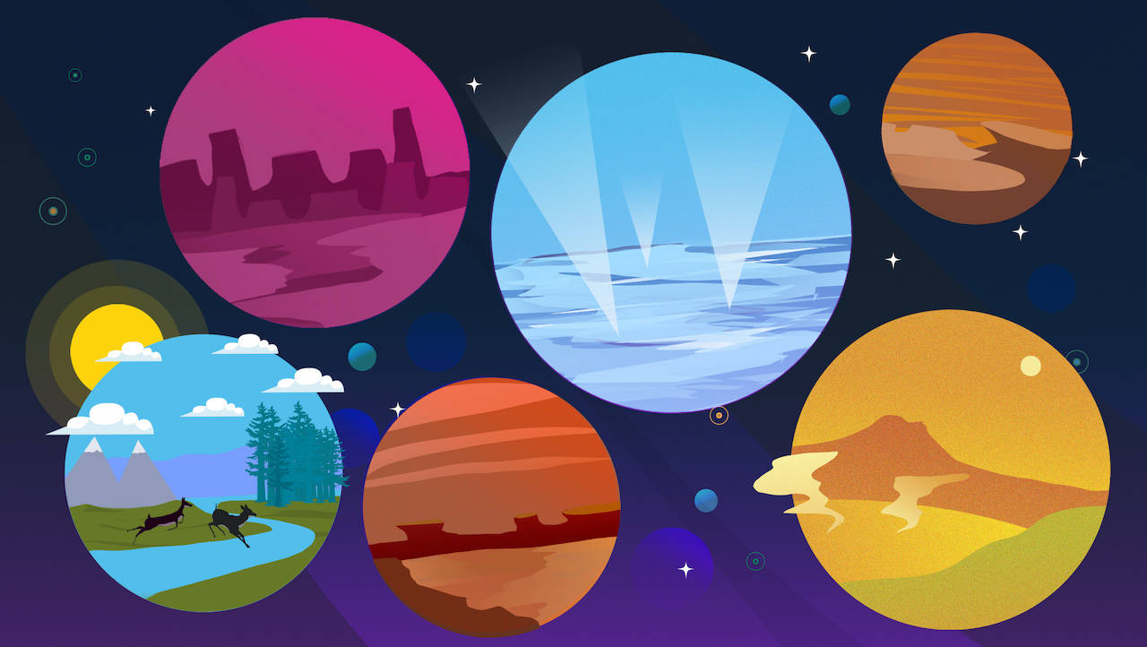 藝術 桌布 壁紙 — 充滿活力的圓形插圖描繪了漂浮在星空宇宙背景中的各種外星世界。