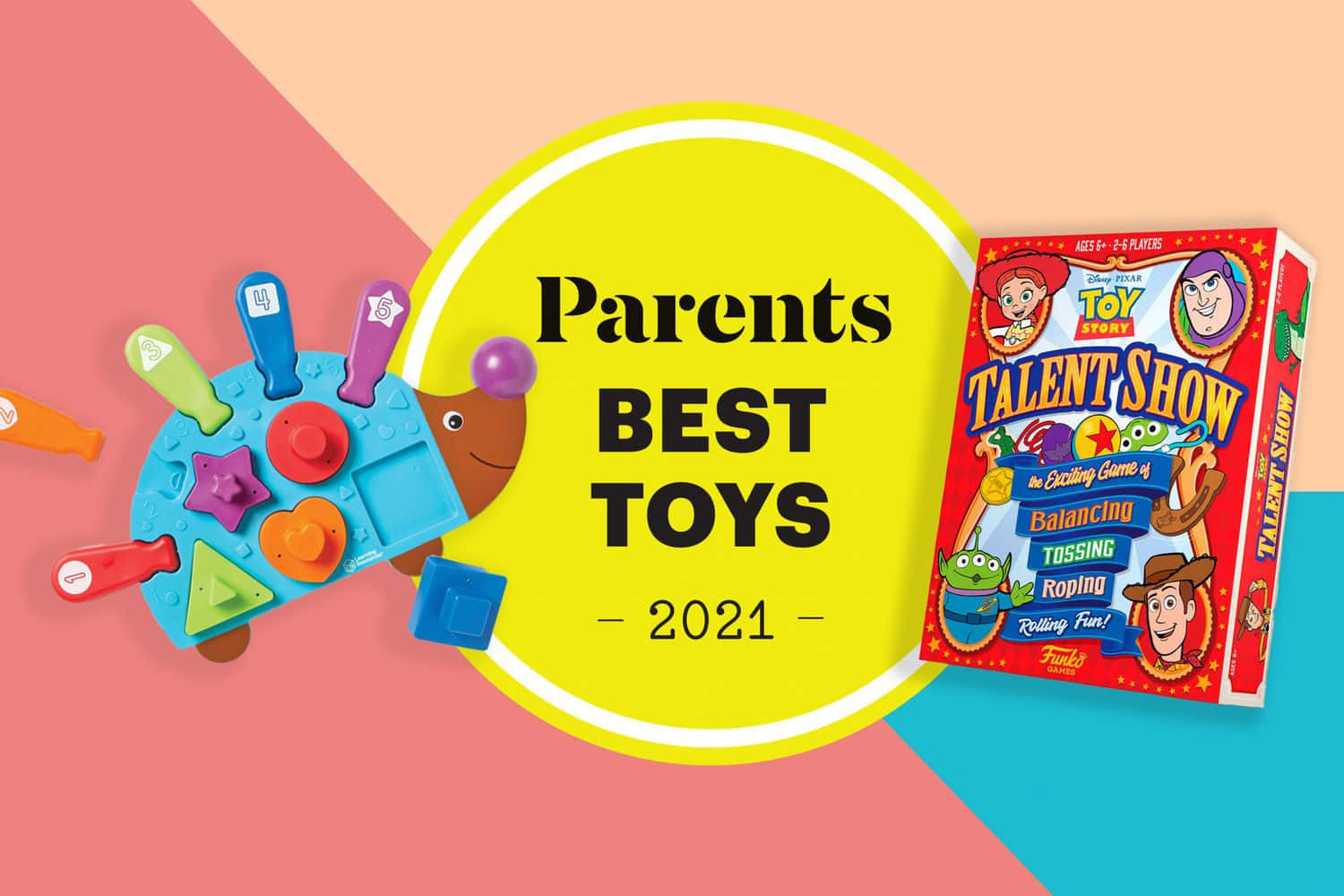 toys 桌布 壁紙 — 充滿活力的圖形，展示「Parents Best Toys 2021」，包含色彩繽紛的形狀分類玩具和玩具總動員才藝表演遊戲，背景為柔和幾何圖案。