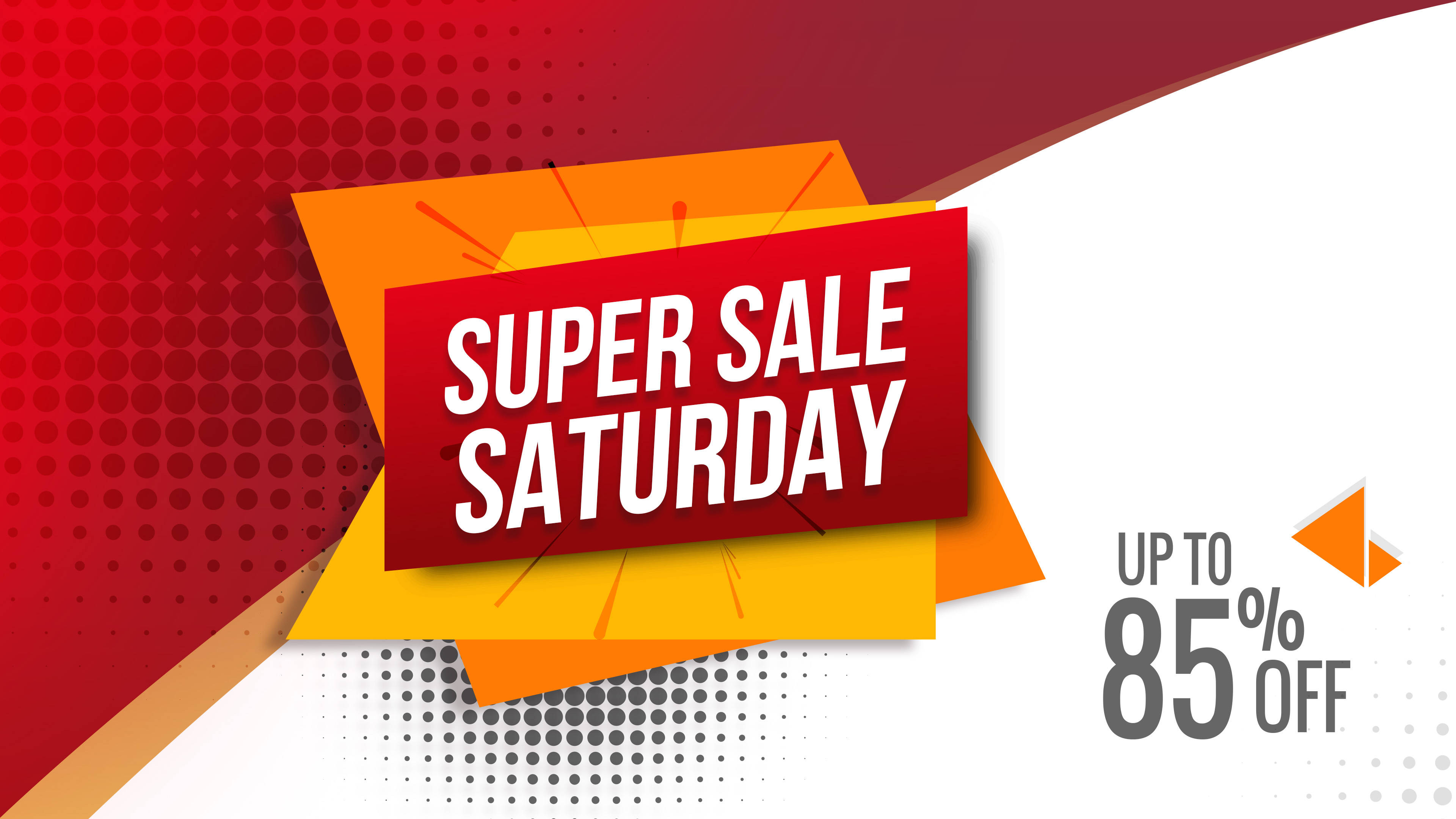 saturday 桌布 壁紙 — 充滿活力的圖形以粗體紅橙色文字在動態幾何形狀上宣佈超級星期六特賣。