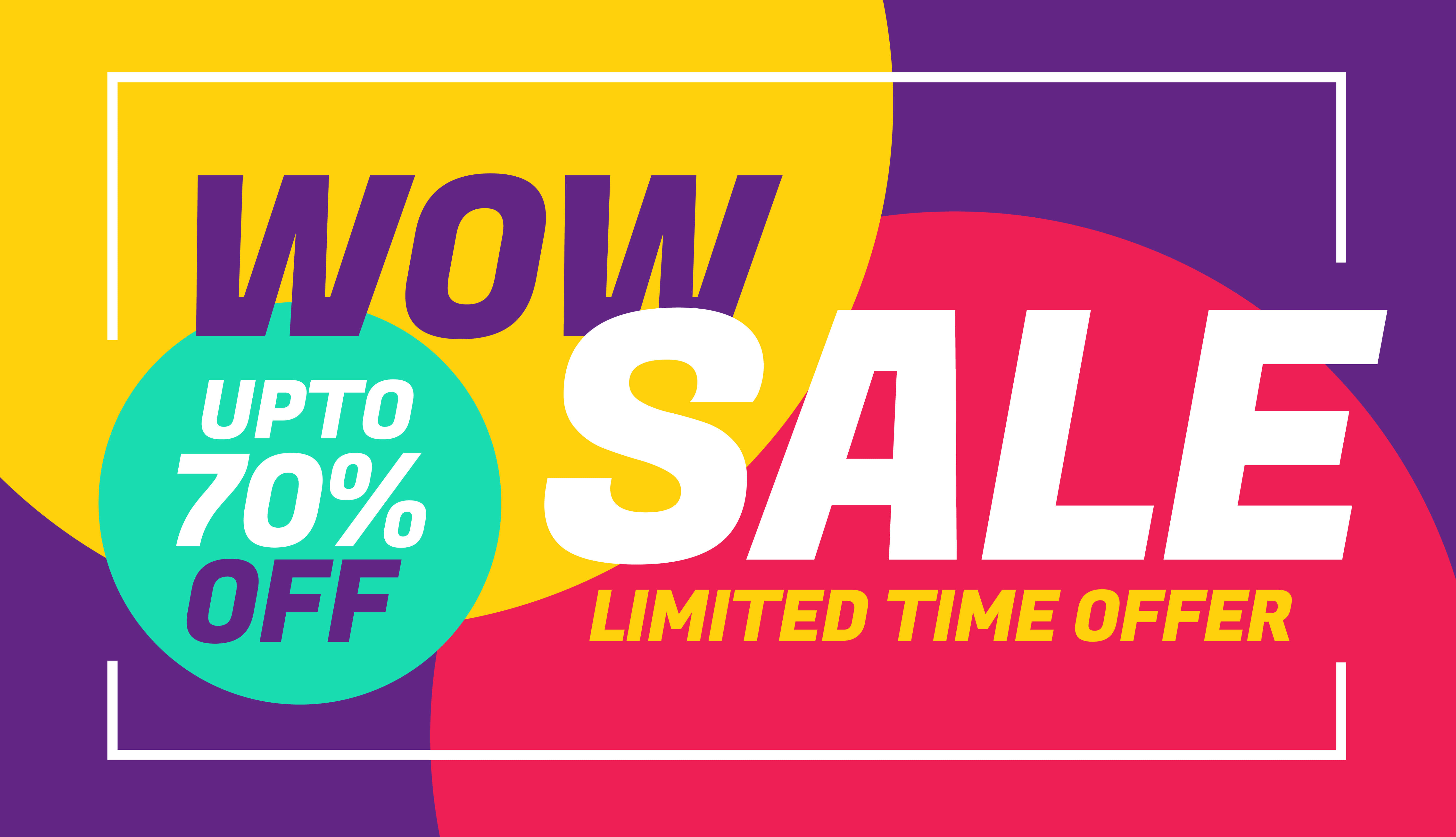 Sales 桌布 壁紙 — 充滿活力的圖形廣告，宣傳高達70%折扣的驚喜促銷，背景為大膽的黃色、紫色和粉紅色形狀。