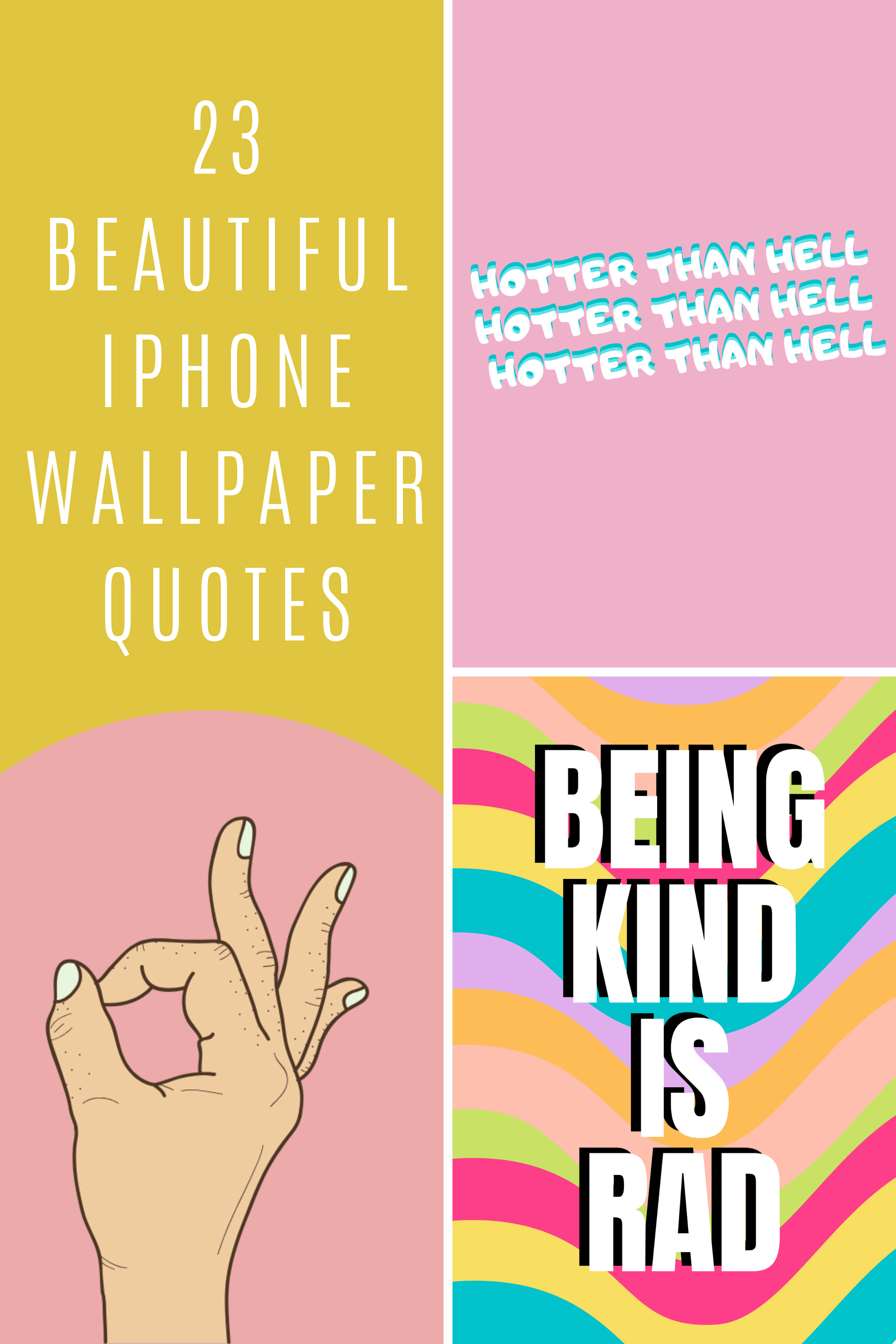 Be Kind 桌布 壁紙 — 充滿活力的圖形拼貼，包含文字引言和一個做出OK手勢的手，背景為柔和色調。