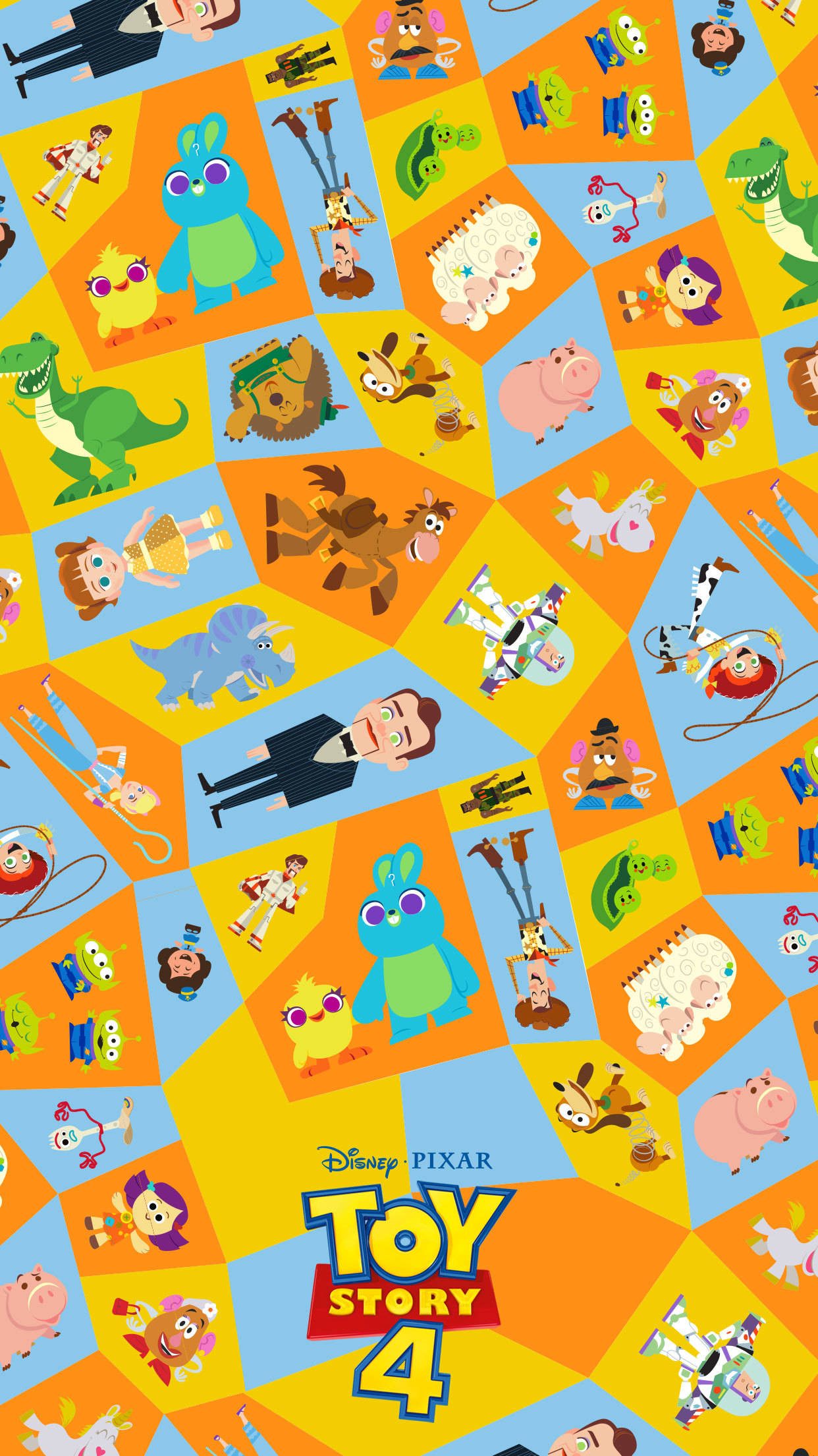 Disney Pattern 桌布 壁紙 — 充滿活力的圖案壁紙，以色彩繽紛的幾何形狀呈現《玩具總動員4》的角色。