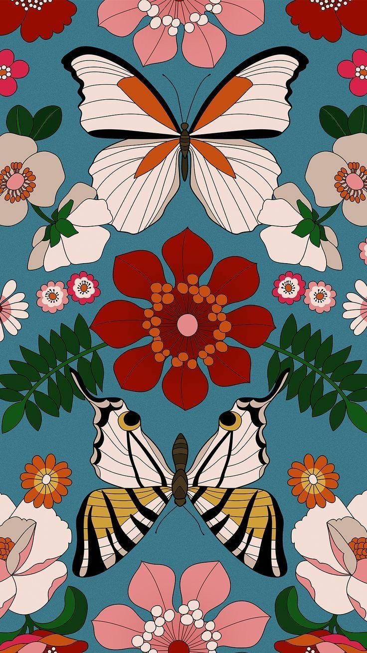 Butterflies 桌布 壁紙 — 充滿活力的圖案壁紙，以青綠色背景上的風格化蝴蝶和花朵為特色。