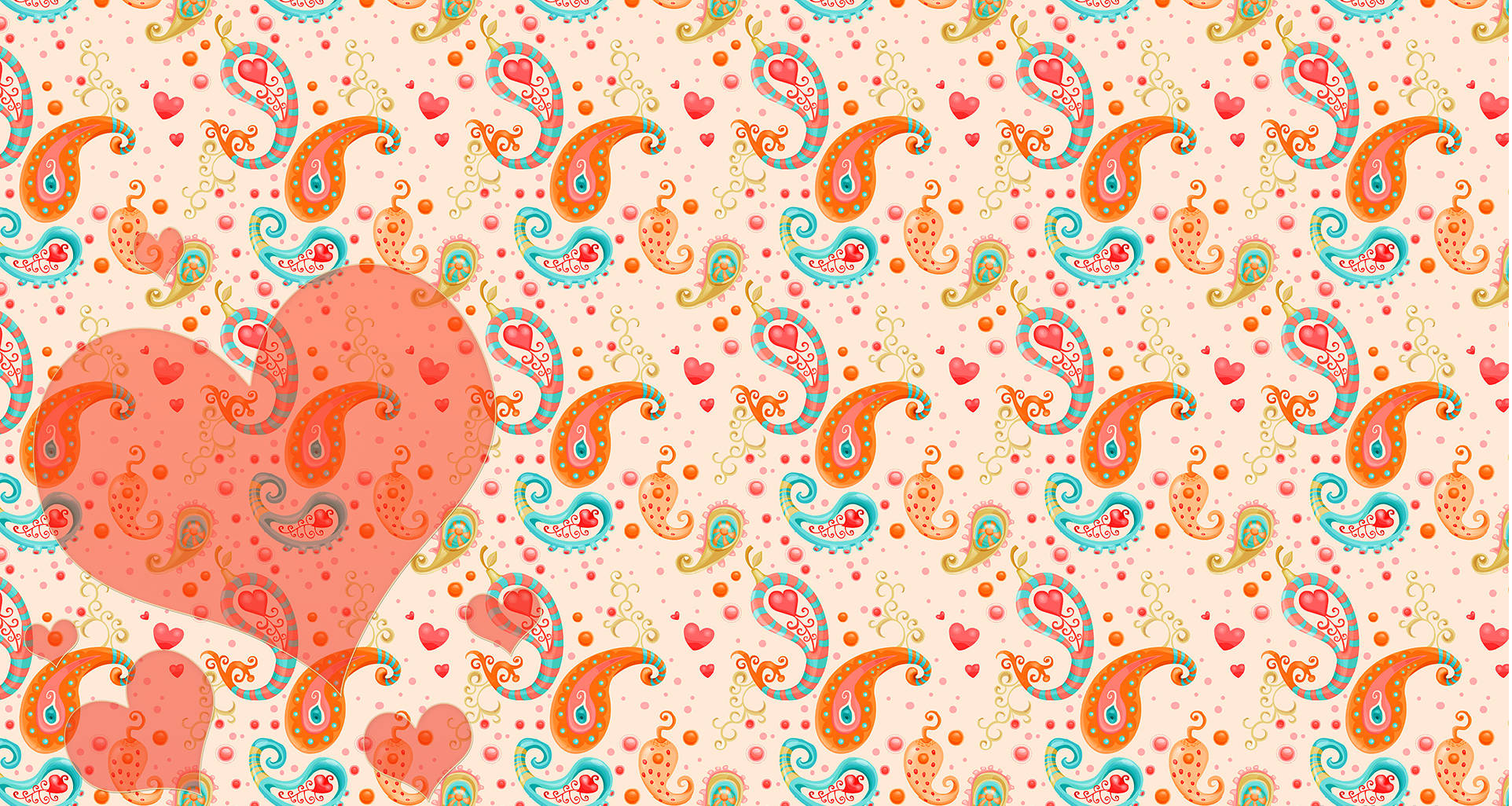 Paisley 桌布 壁紙 — 充滿活力的圖案壁紙，在柔和的粉紅色背景上飾有橙色和藍綠色的佩斯利花紋和心形圖案。