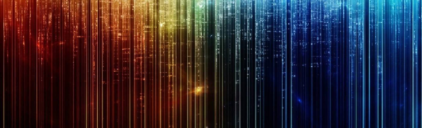 彩虹 桌布 壁紙 — 充滿活力的垂直光條以彩虹漸變從火熱橙色到冷藍色層疊而下。