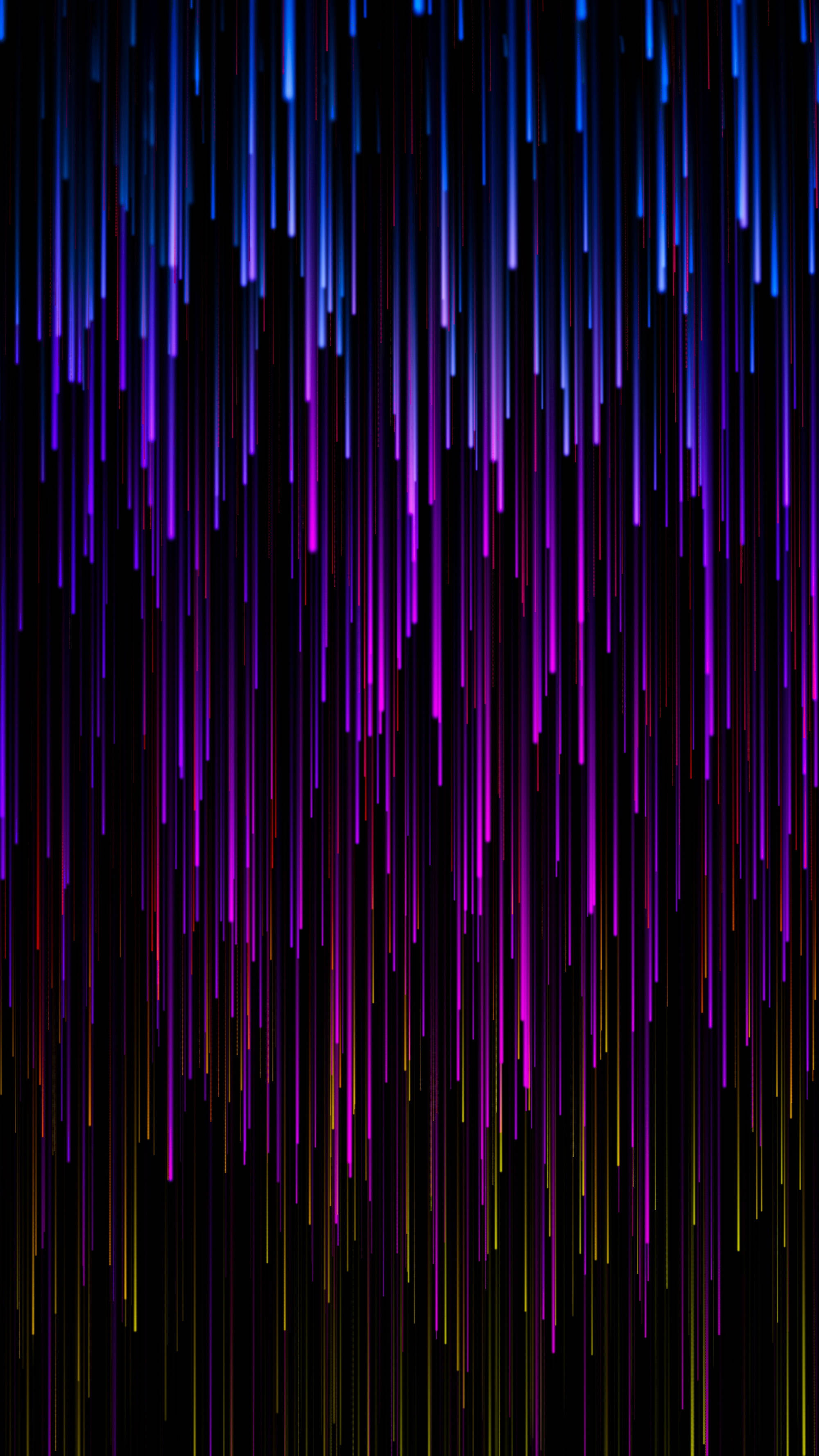 Neon Light 桌布 壁紙 — 充滿活力的垂直條紋，霓虹藍、紫和黃色，像數位雨一樣在黑色背景上傾瀉而下。