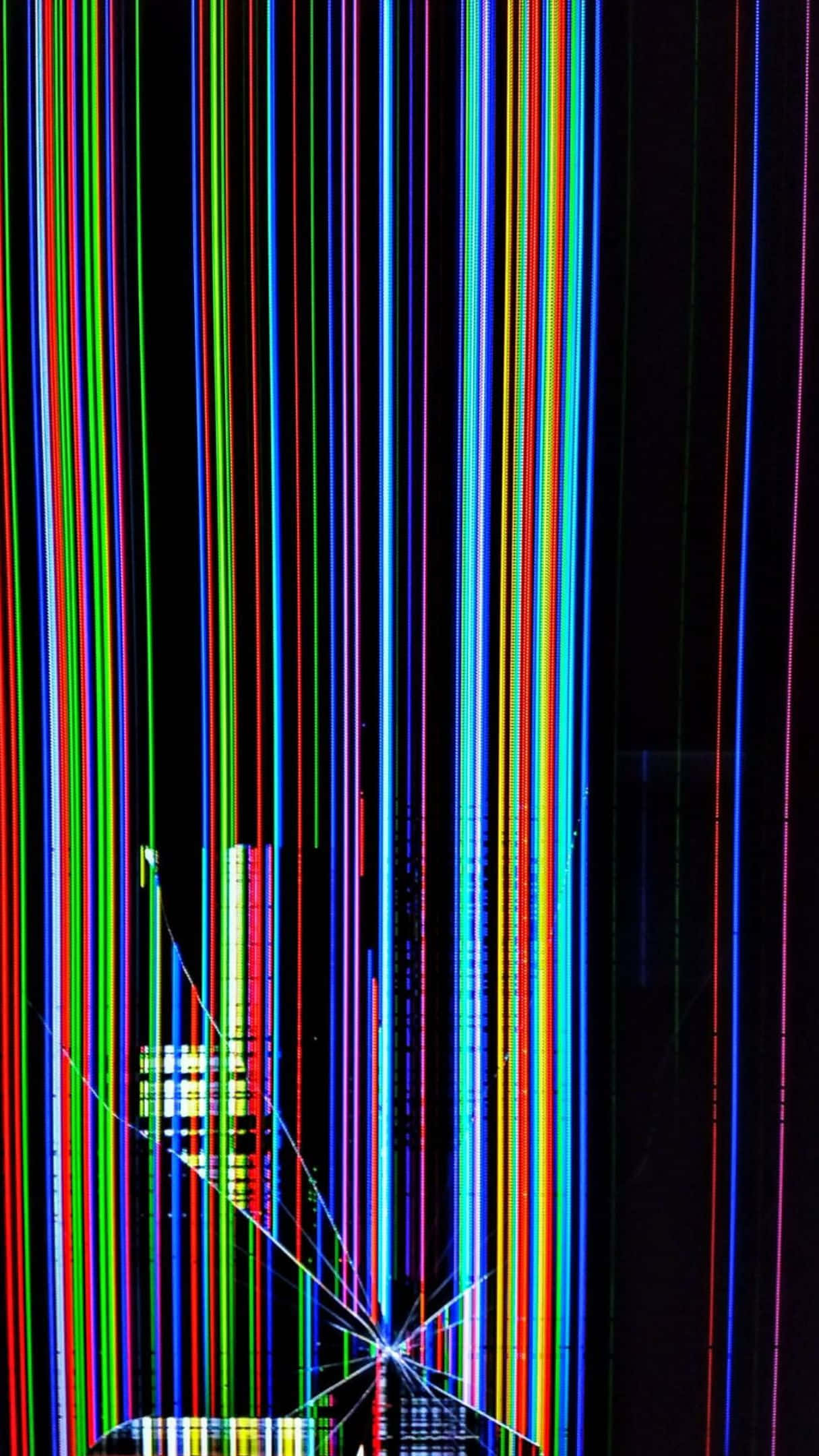 1215x2160 桌布 壁紙 — 充滿活力的垂直霓虹光束在黑暗虛空中傾瀉而下，底部有一個發光的幾何結構。