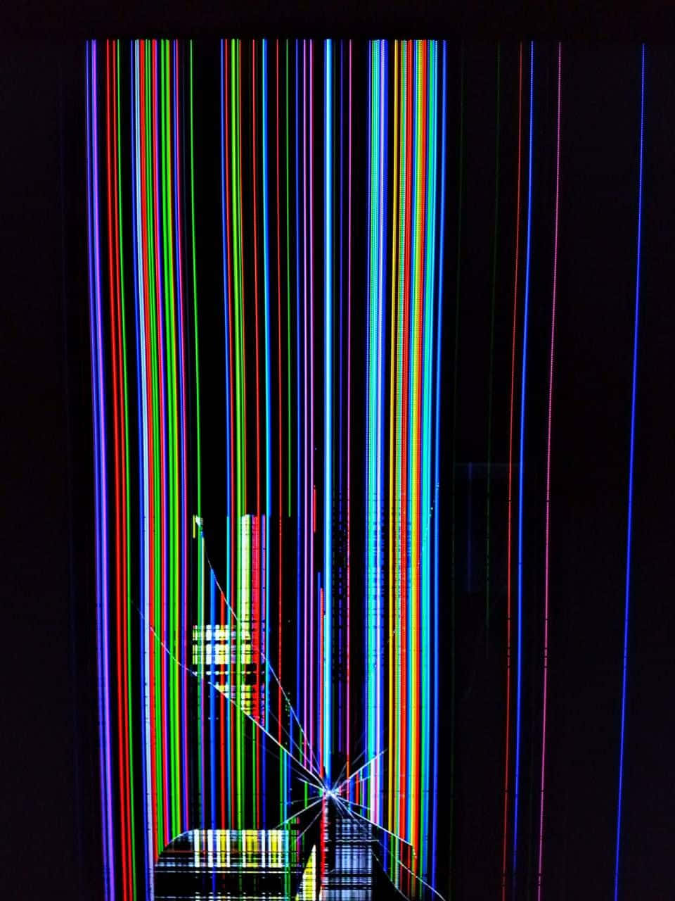 Lcd 桌布 壁紙 — 充滿活力的垂直霓虹光條在黑暗虛空中傾瀉而下，底部有一個發光的幾何結構。