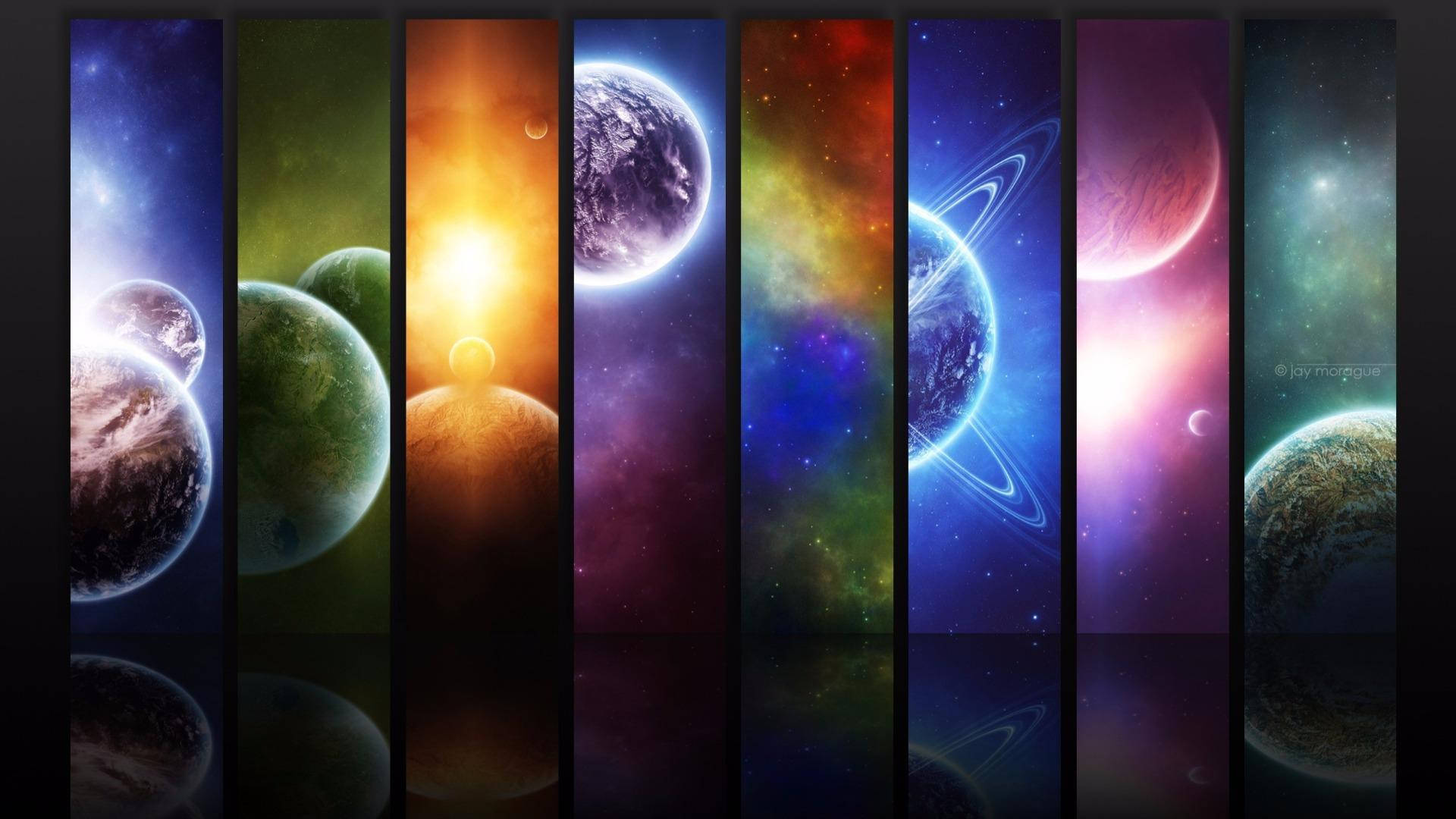 行星動畫 桌布 壁紙 — 充滿活力的垂直面板展示了多樣的行星和宇宙現象，在星空背景下閃耀著鮮豔的色彩。