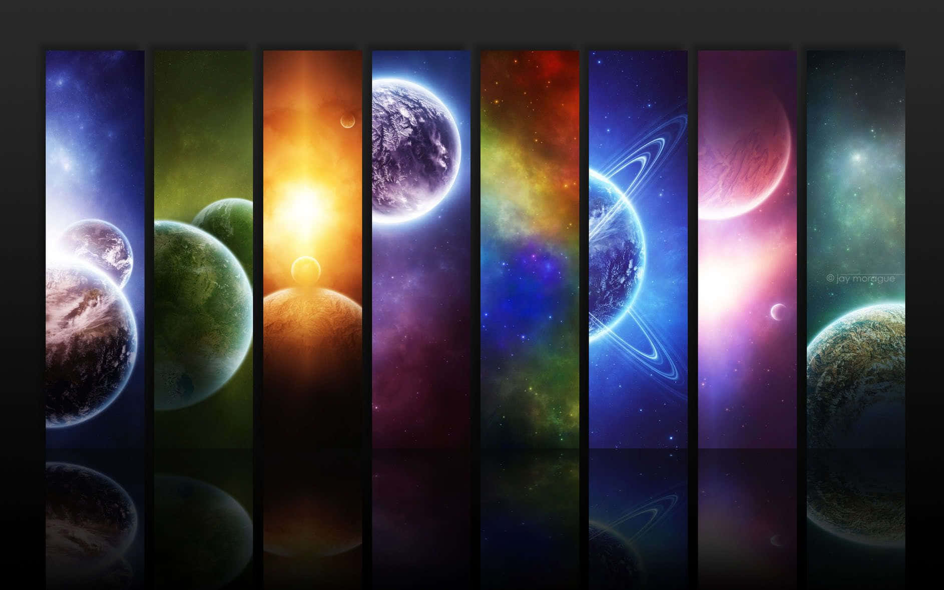 太陽系 桌布 壁紙 — 充滿活力的垂直面板展示各種行星和宇宙現象，背景是星空。