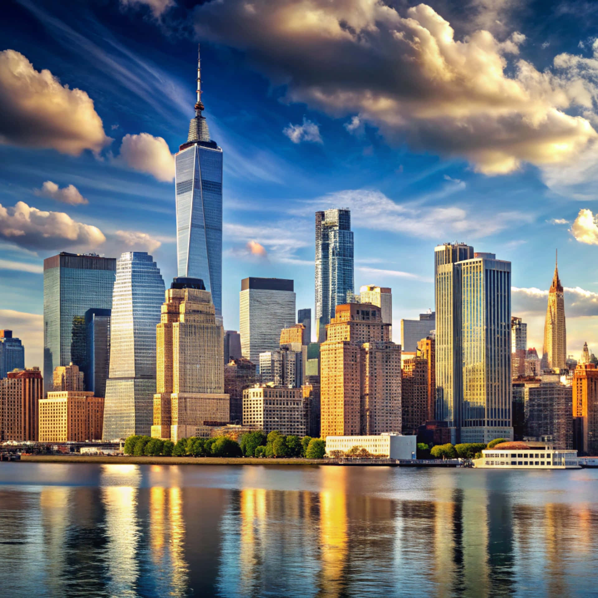 New York Skyline 壁紙 — 充滿活力的城市天際線，玻璃摩天大樓在平靜的河面上反射金色陽光，天空中有戲劇性的藍色雲彩。