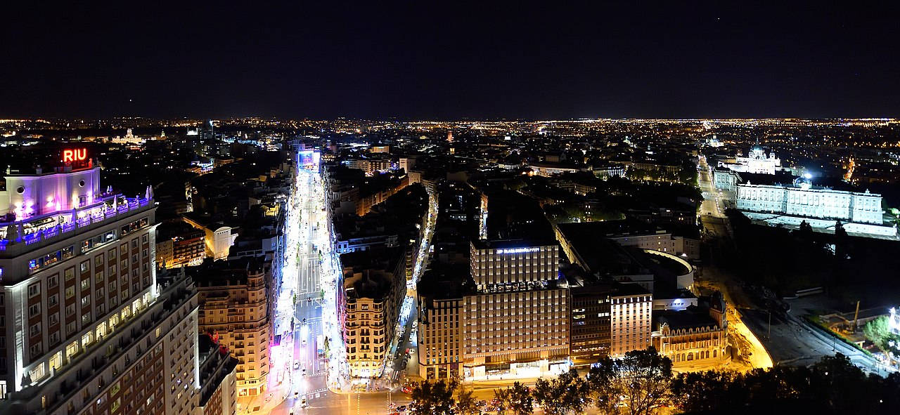 Madrid 桌布 壁紙 — 充滿活力的城市景觀的空中夜景，建築物燈火通明，一條耀眼的大道延伸至遠方。
