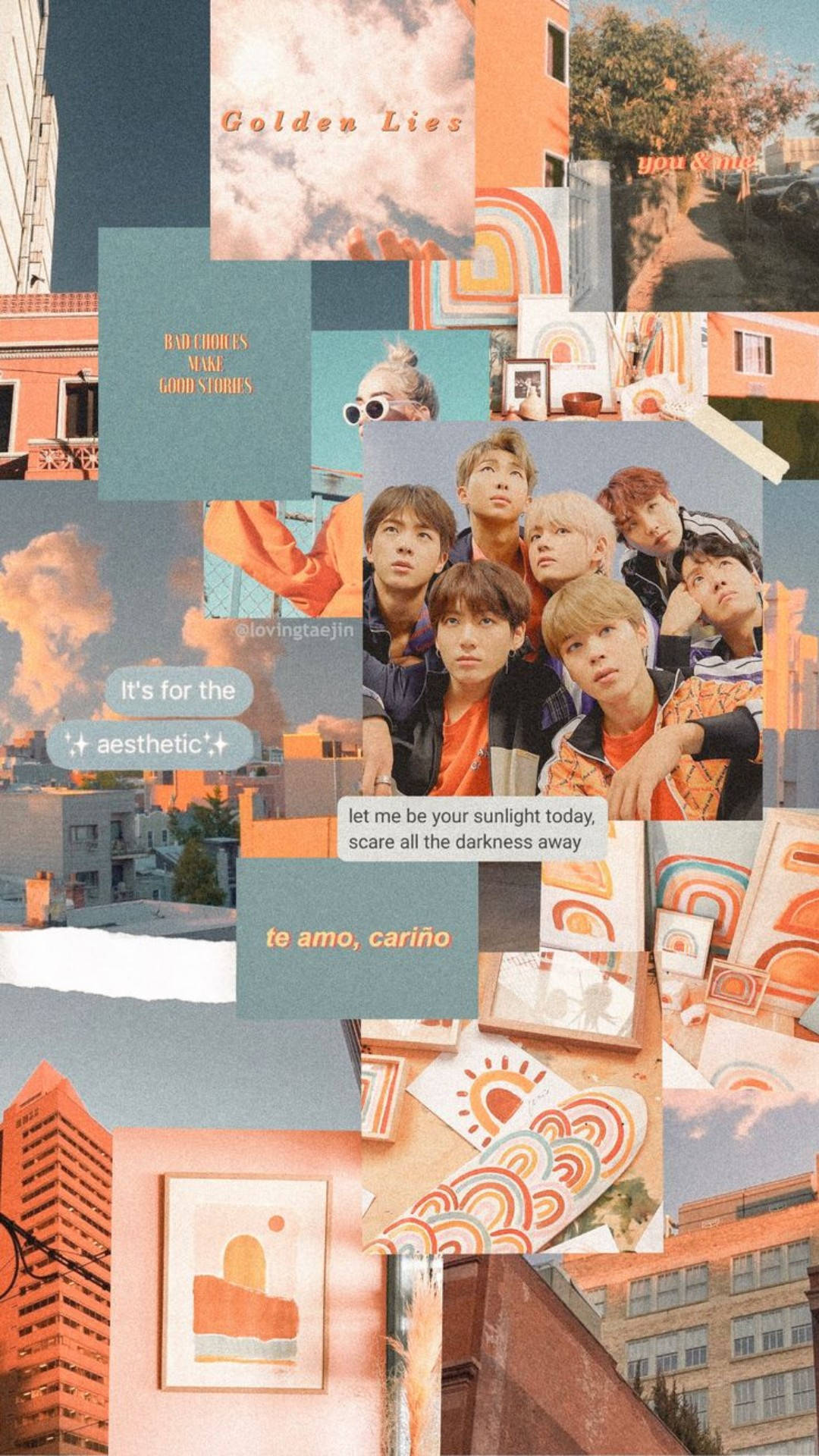 BTS 美學 桌布 壁紙 — 充滿活力的城市景觀與K-pop偶像拼貼畫，採用溫暖的橙色和藍綠色調，並附有勵志語錄。