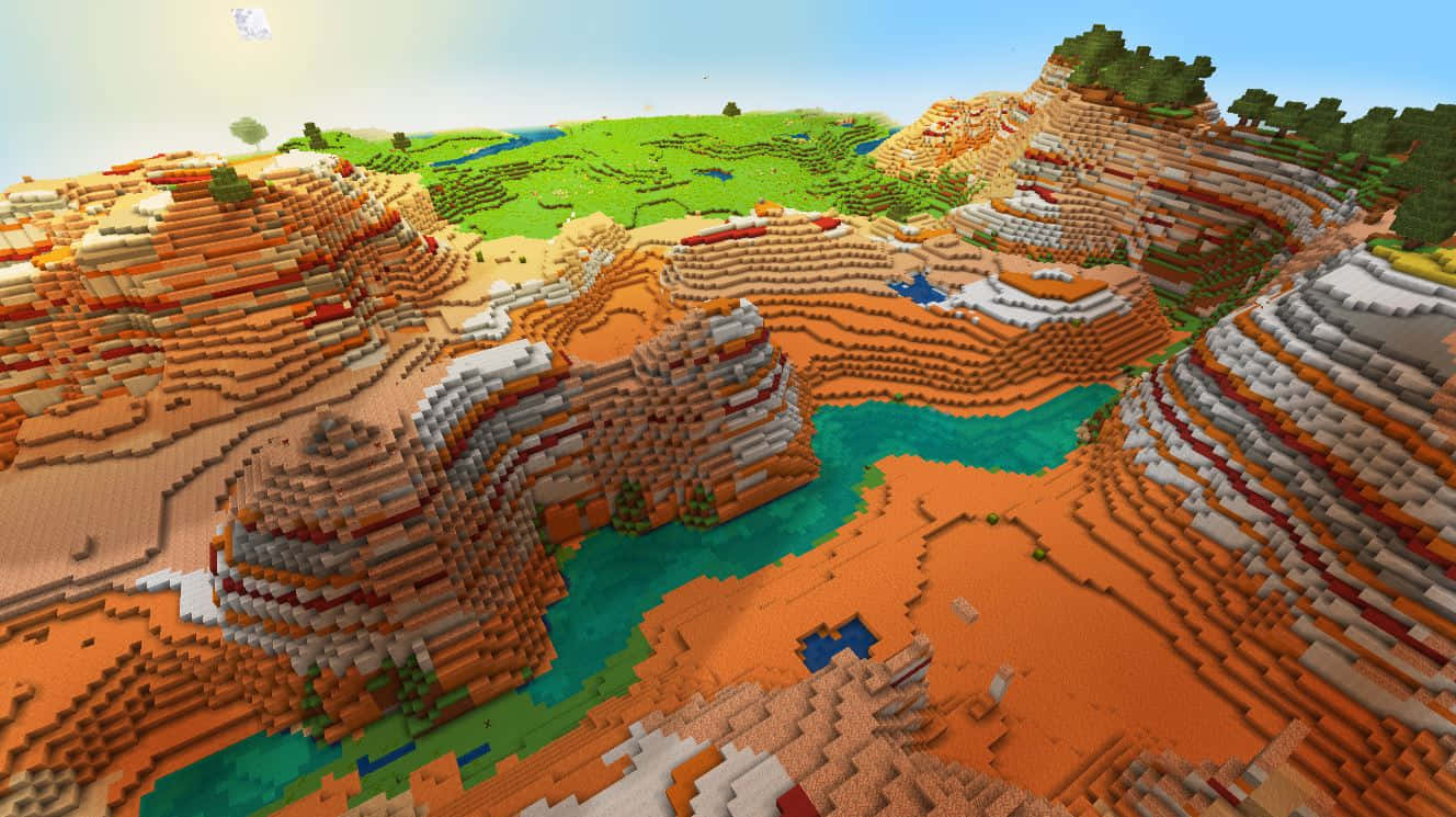 Minecraft Pixel Art 桌布 壁紙 — 充滿活力的塊狀峽谷景觀，在明亮的天空下，碧綠色的河流蜿蜒穿過層層疊疊的橙色和白色懸崖。