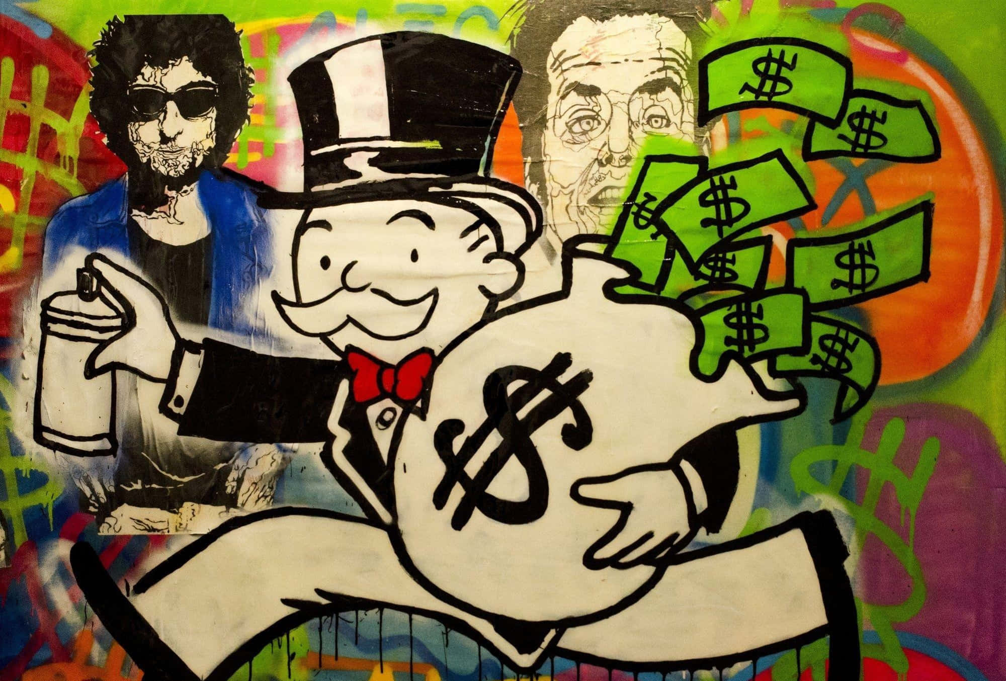 Monopoly Man 桌布 壁紙 — 充滿活力的塗鴉壁畫描繪了一個戴高帽的卡通人物拿著錢袋，周圍環繞著噴漆人物。