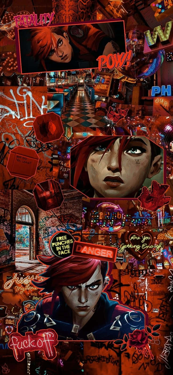 Violet 桌布 壁紙 — 充滿活力的塗鴉小巷，有紅髮動漫角色和漫畫文字疊加在混亂的城市拼貼中。