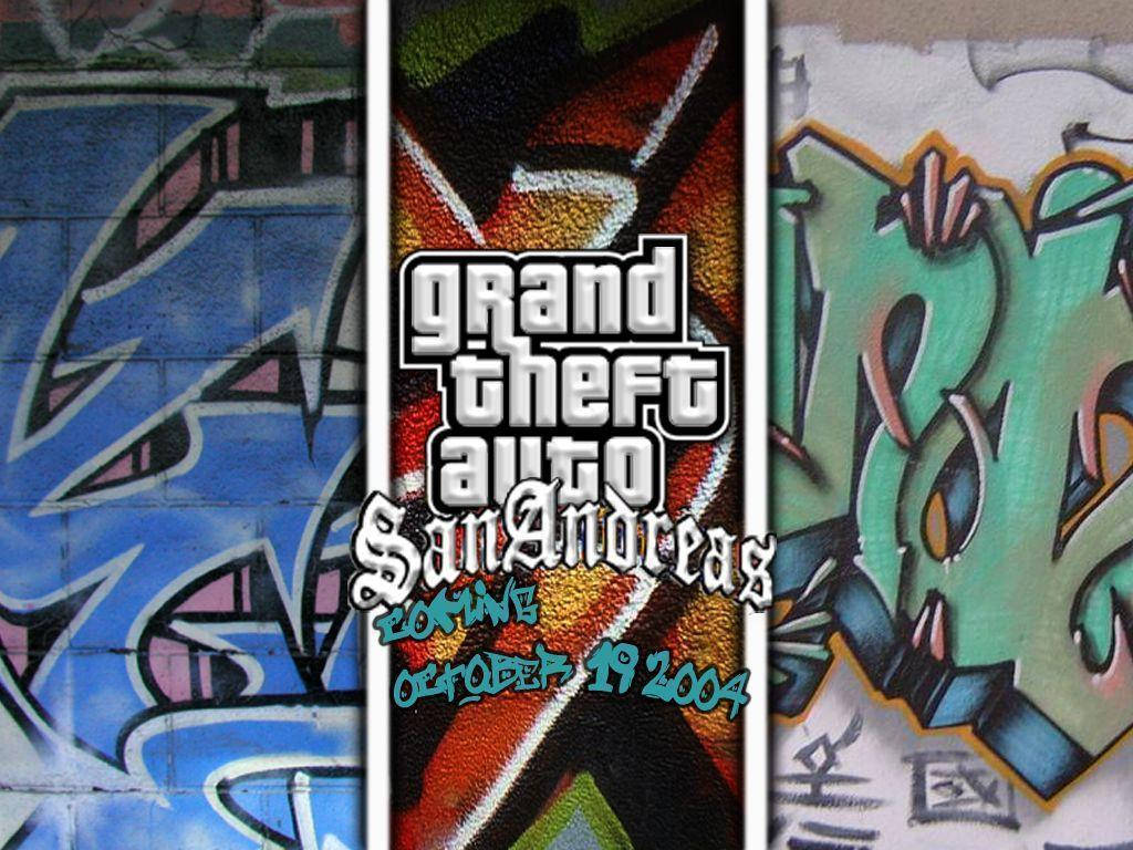 GTA 聖安地列斯 桌布 壁紙 — 充滿活力的塗鴉牆壁圍繞著中央的 Grand Theft Auto San Andreas 海報，帶有粗體風格文字和發行日期。