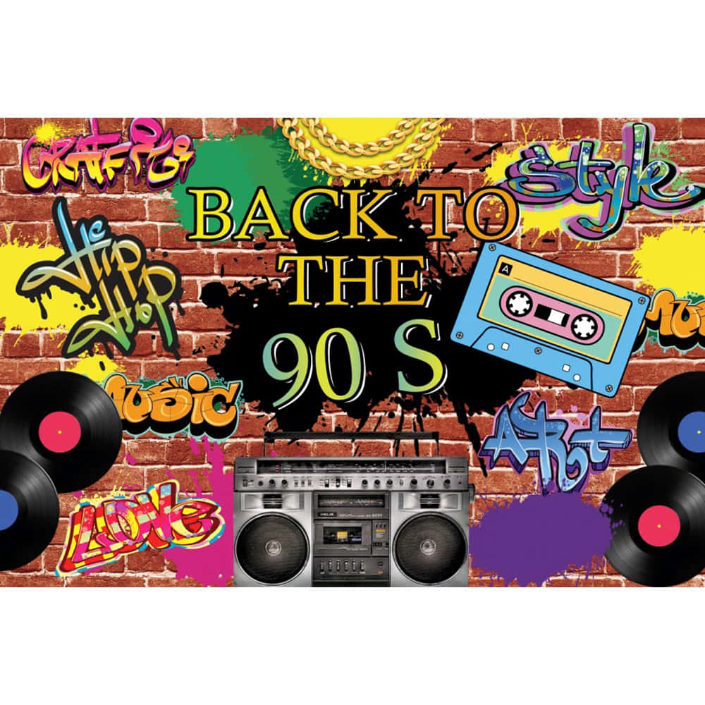 90s Theme 桌布 壁紙 — 充滿活力的塗鴉磚牆，帶有「BACK TO THE 90S」文字、手提卡式錄音機和鏈條。