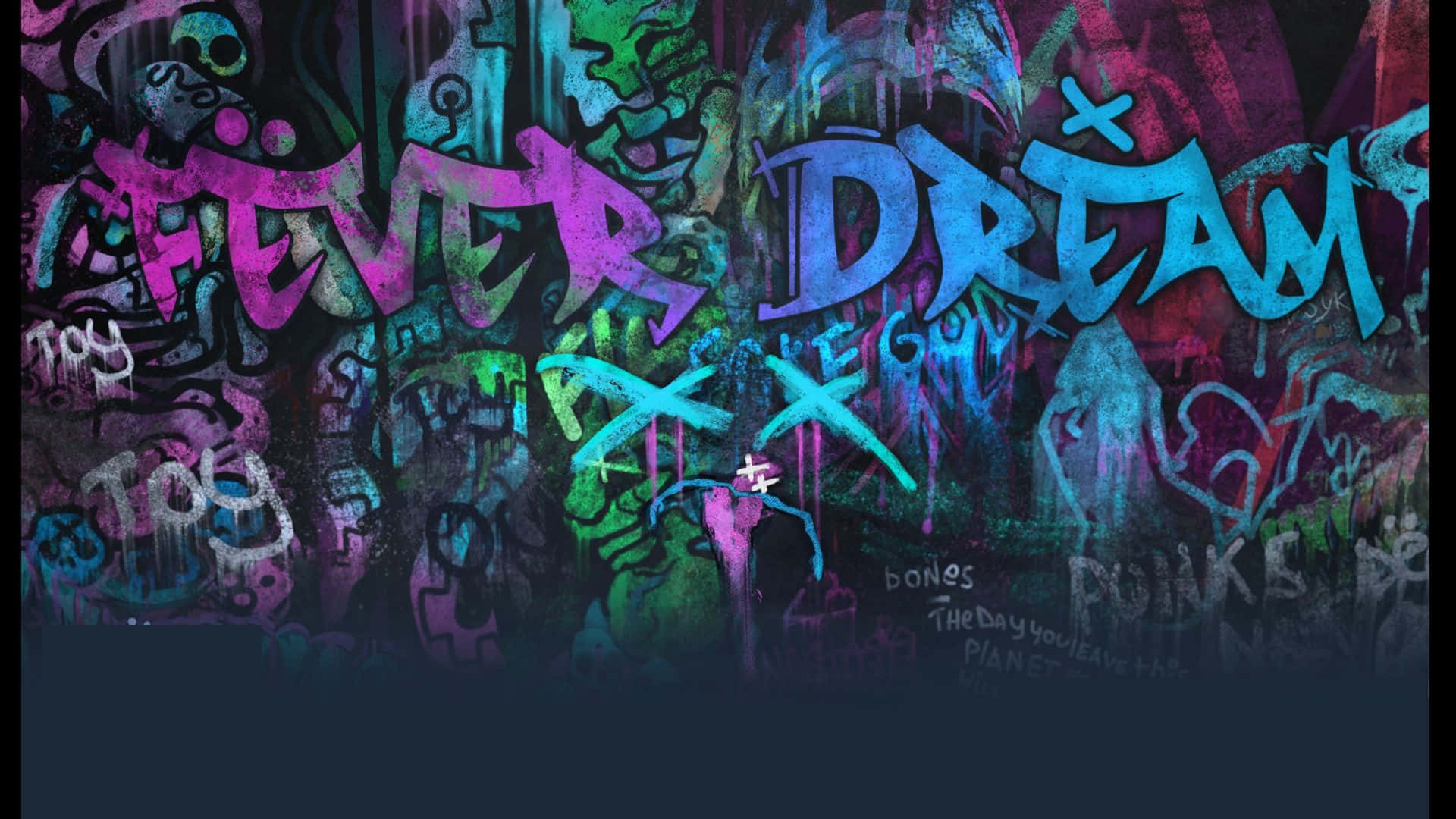 dreams 桌布 壁紙 — 充滿活力的塗鴉藝術覆蓋了一面牆，帶有像'FEVER'和'DREAM'這樣大膽的霓虹標籤，滴落著電光紫、藍和綠色。