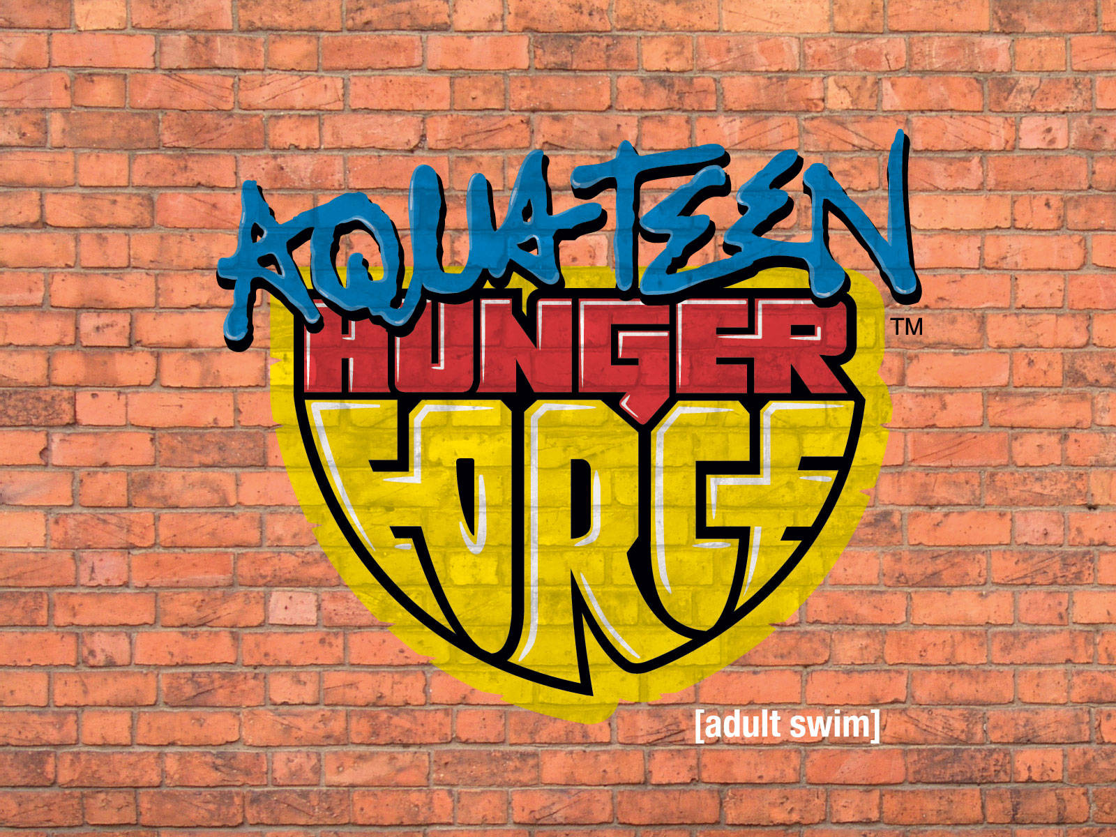 teen 桌布 壁紙 — 充滿活力的塗鴉風格 Aqua Teen Hunger Force 標誌繪製在紋理紅磚牆上。