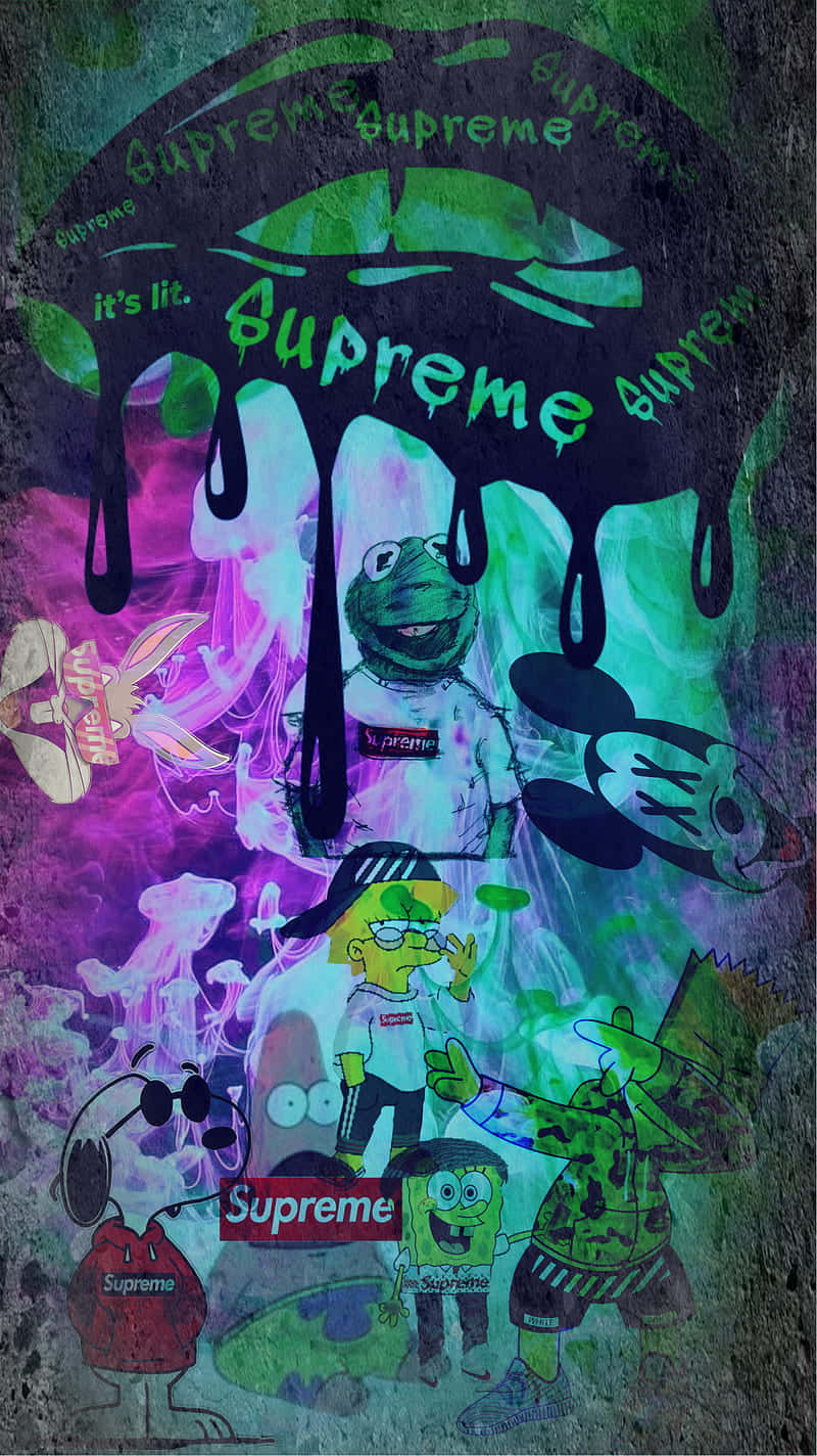 Bugs Bunny Supreme 桌布 壁紙 — 充滿活力的塗鴉風格壁畫，卡通人物穿著 Supreme 服裝，背景是滴落的霓虹燈。