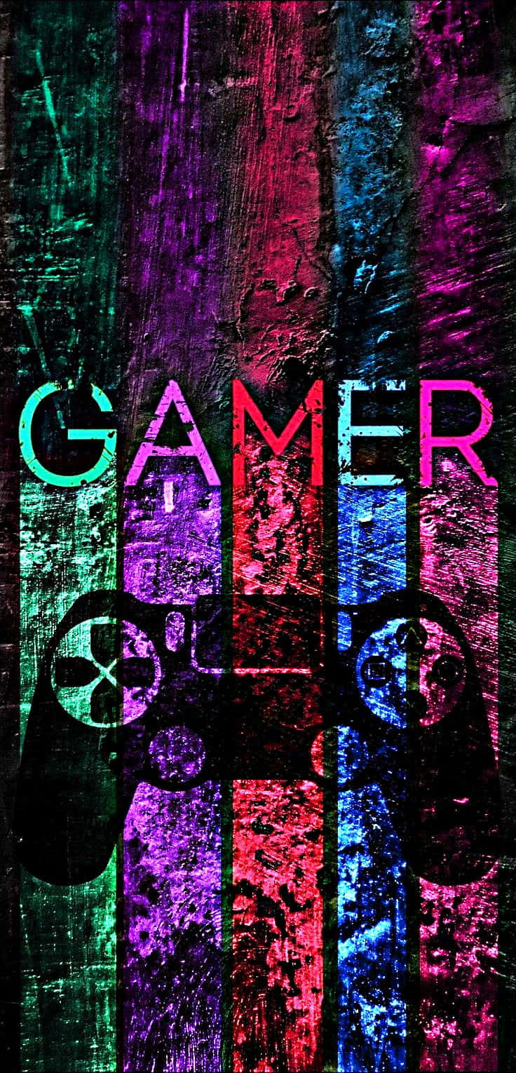 Pro Gamer 桌布 壁紙 — 充滿活力的塗鴉風格壁紙，帶有「GAMER」文字和控制器剪影，背景為紋理豐富的多色條紋。