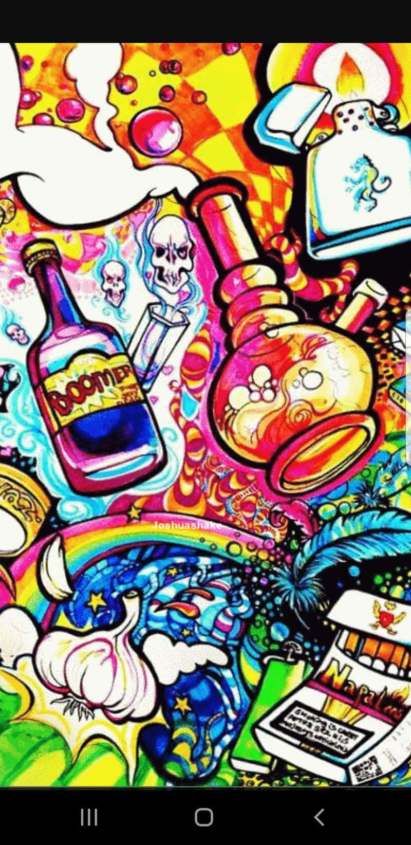 桌布 壁紙 — 充滿活力的塗鴉風格拼貼畫，包含骷髏頭、瓶子、打火機和彩虹漩渦，呈現迷幻的色彩爆炸。