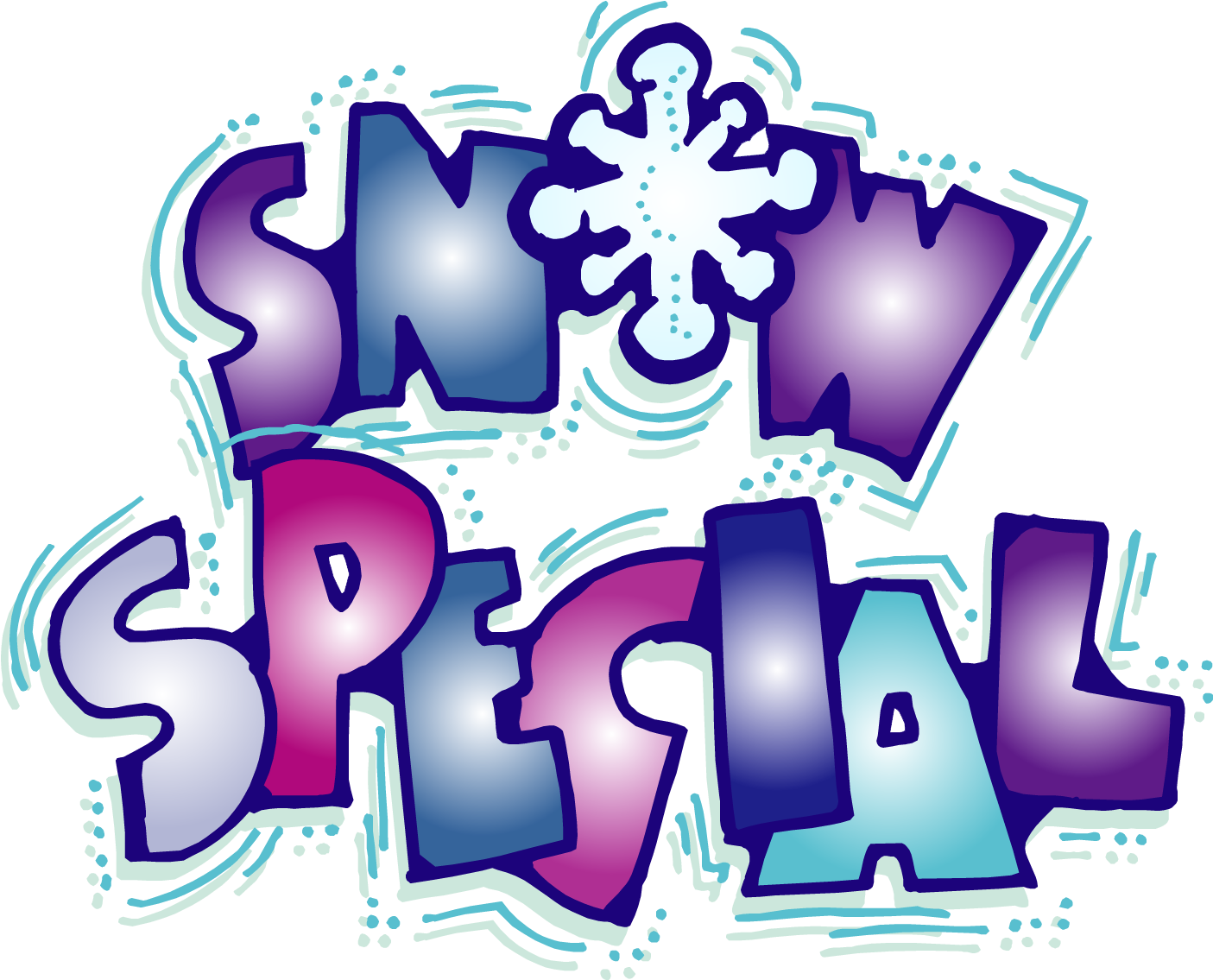 冬天 桌布 壁紙 — 充滿活力的塗鴉風格文字顯示「SNOW SPECIAL」，以雪花取代O，在黑色背景上發出紫色、粉紅色和藍色的光芒。