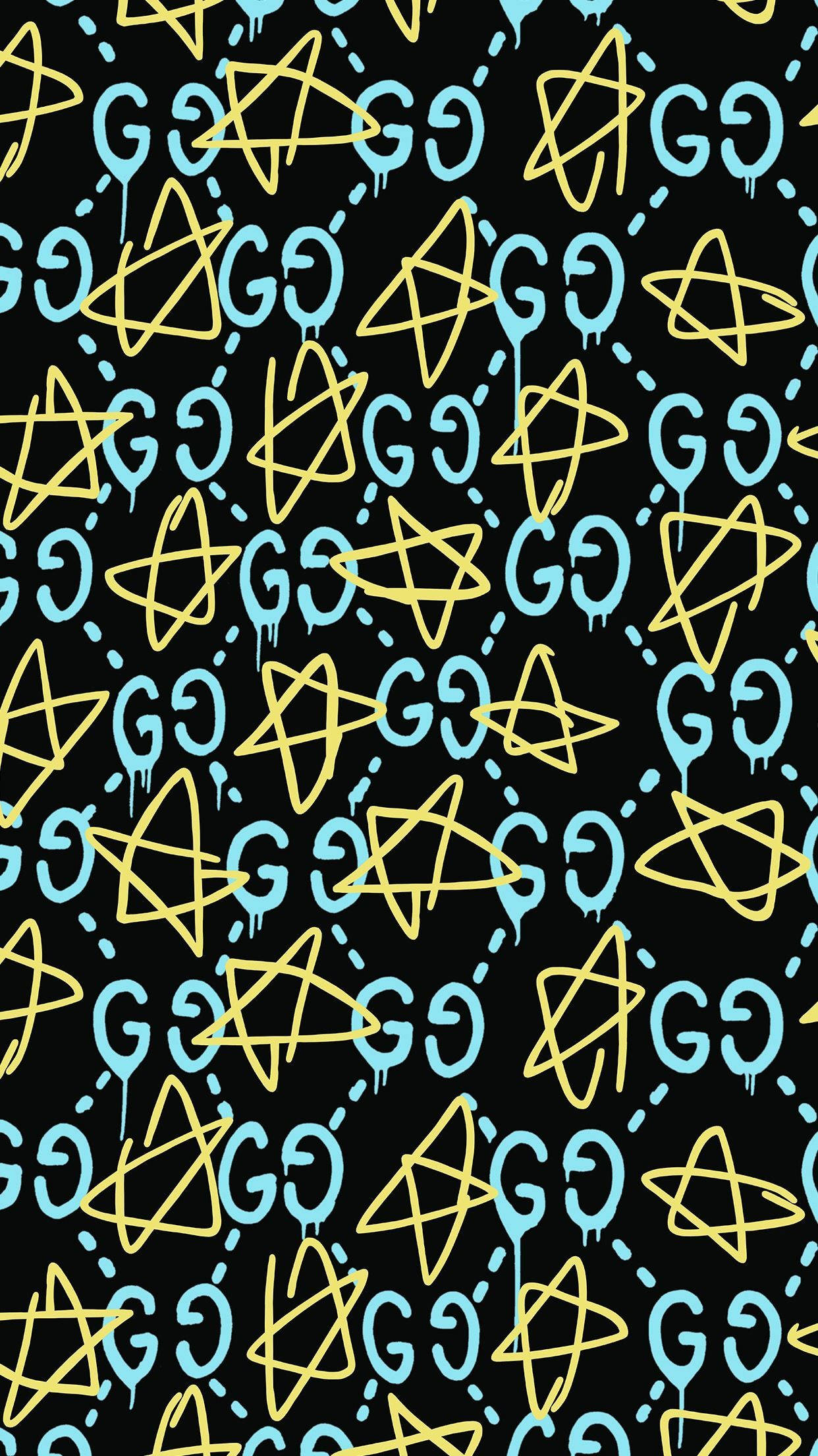 Gucci Pattern 桌布 壁紙 — 充滿活力的塗鴉風格星星和字母G，以醒目的黃色和青色滴落在黑色背景上。
