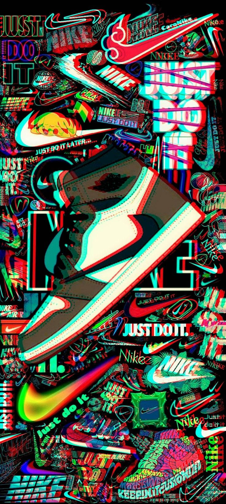 Nike 桌布 壁紙 — 充滿活力的塗鴉風格桌布，中央為Nike運動鞋，周圍環繞著混亂多彩的標誌和'Just Do It'文字。