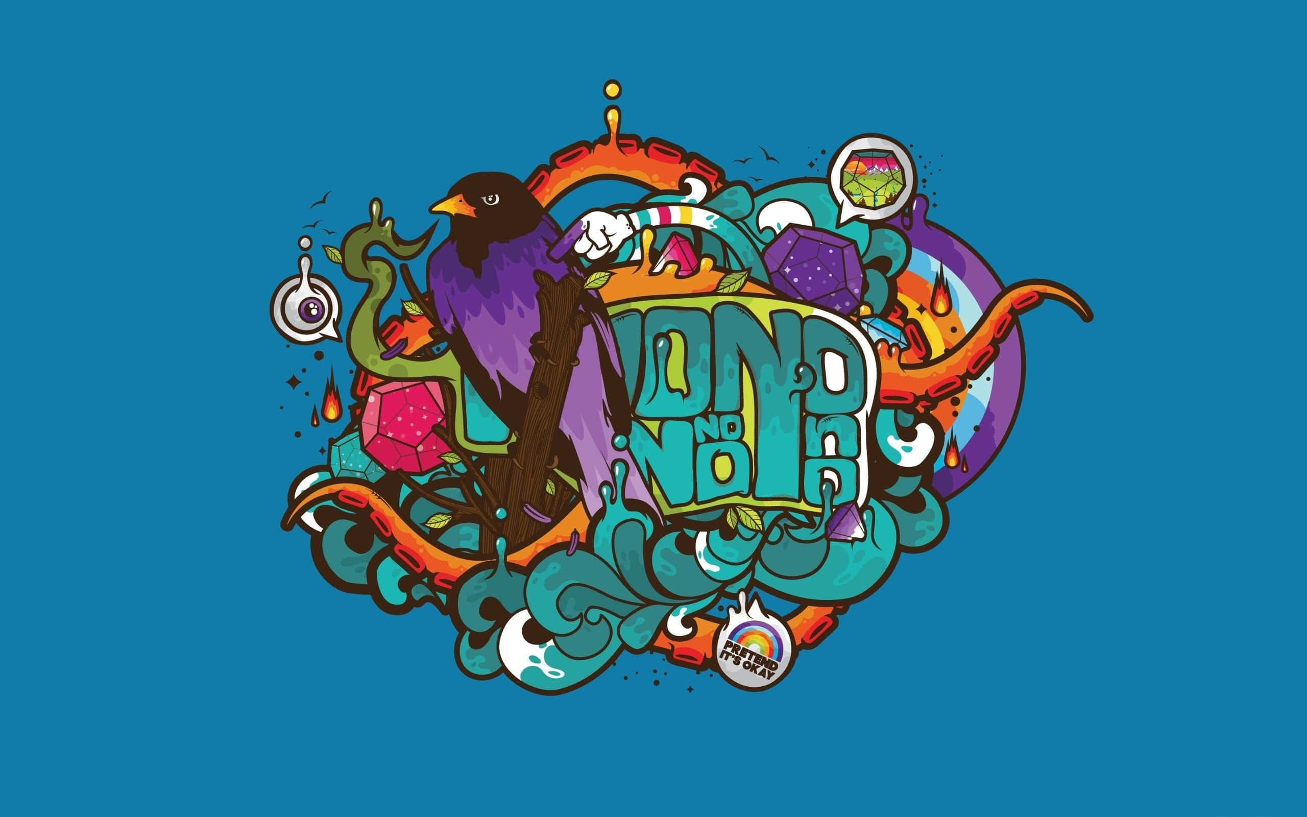 Cool Art 桌布 壁紙 — 充滿活力的塗鴉風格標誌，一隻紫色的鳥拿著一根杖，周圍環繞著色彩繽紛的抽象形狀和滴落的顏料，背景為青綠色。