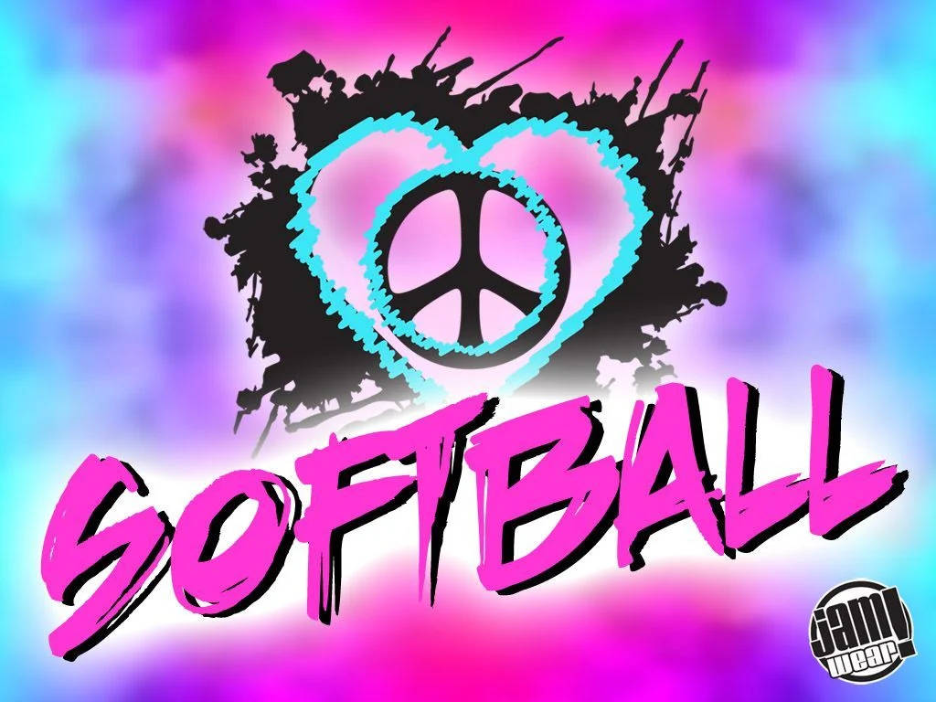 Cute Softball 桌布 壁紙 — 充滿活力的塗鴉風格標誌，心形內有和平標誌，並在迷幻漸變背景上以粗體粉紅色 'SOFTBALL' 文字呈現。