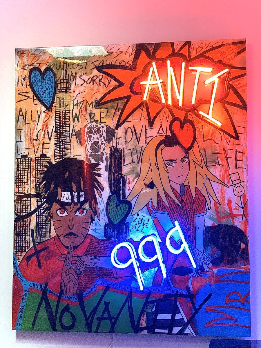 Juice Wrld And Ally 桌布 壁紙 — 充滿活力的塗鴉風格藝術作品，描繪兩個動漫角色在發光的霓虹燈牌下，帶有粗體文字和心形圖案。