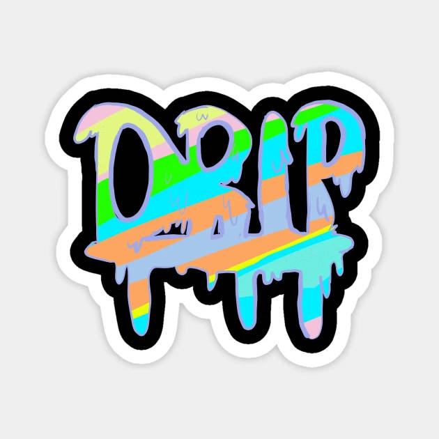  壁紙 — 充滿活力的塗鴉風格貼紙，帶有滴落的彩虹色拼寫'DRIP'，背景為純色。