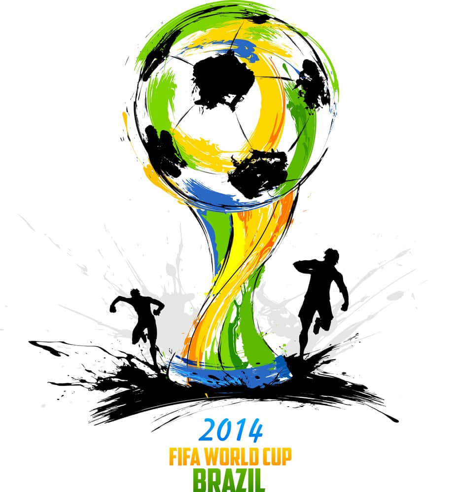 fifa 桌布 壁紙 — 充滿活力的塗鴉風格足球獎盃，帶有巴西國旗顏色和運動中的球員剪影。