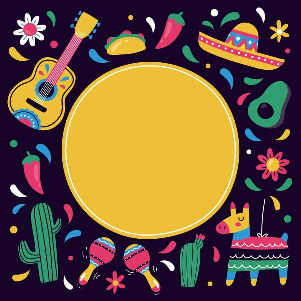 Happy Cinco De Mayo 桌布 壁紙 — 充滿活力的墨西哥主題插圖，吉他、闊邊帽、仙人掌和沙鈴圍繞深色背景上的黃色圓圈。