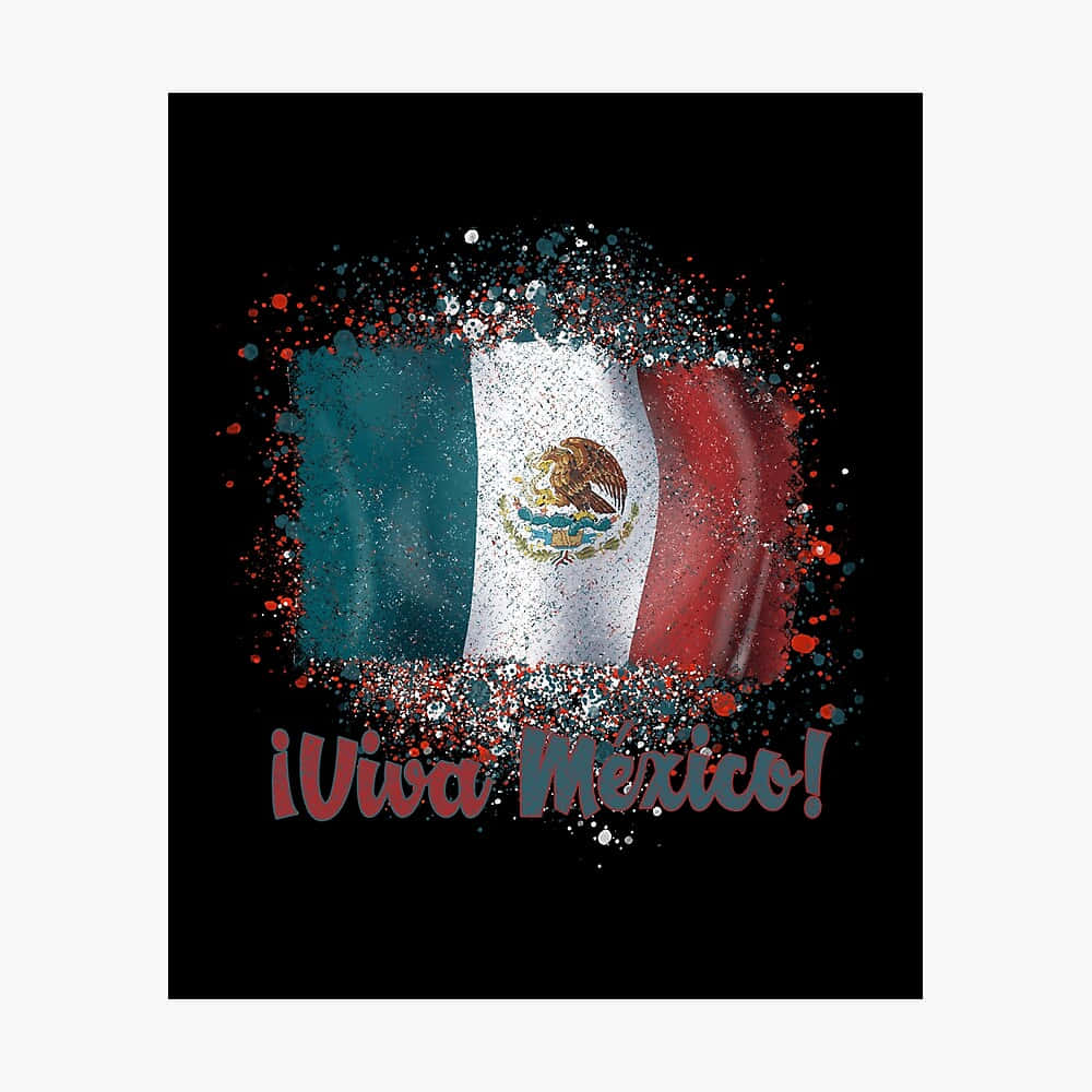 Viva Mexico 桌布 壁紙 — 充滿活力的墨西哥國旗，在黑色背景上灑滿亮粉和顏料，並帶有「¡Viva México!」文字。