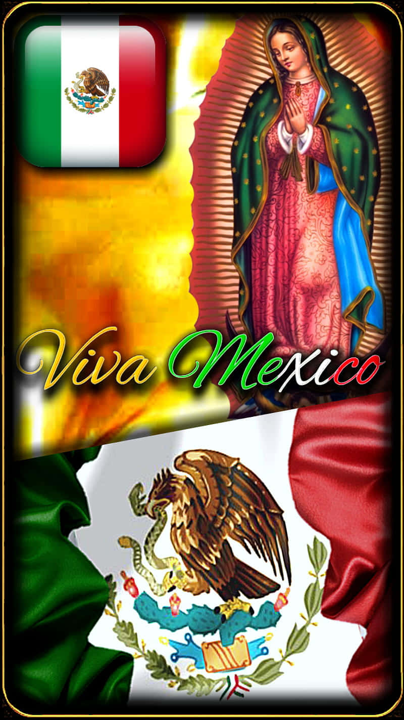 Viva Mexico 桌布 壁紙 — 充滿活力的墨西哥國旗和瓜達盧佩聖母插圖，帶有「Viva Mexico」文字，背景為火熱的金色。