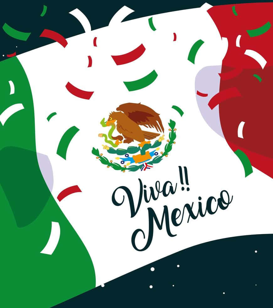 Viva Mexico 桌布 壁紙 — 充滿活力的墨西哥國旗隨風飄揚，伴隨著紅、綠、白色紙屑和「Viva Mexico」文字，呈現節日慶祝氣氛。