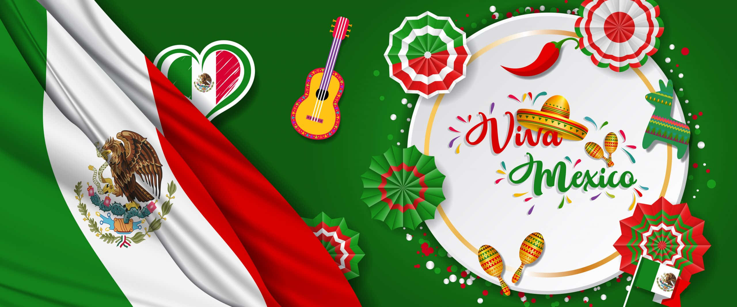 Viva Mexico 桌布 壁紙 — 充滿活力的墨西哥慶祝活動，飄揚的旗幟、吉他、闊邊帽和沙鈴，襯托著節日氣氛的綠色背景。