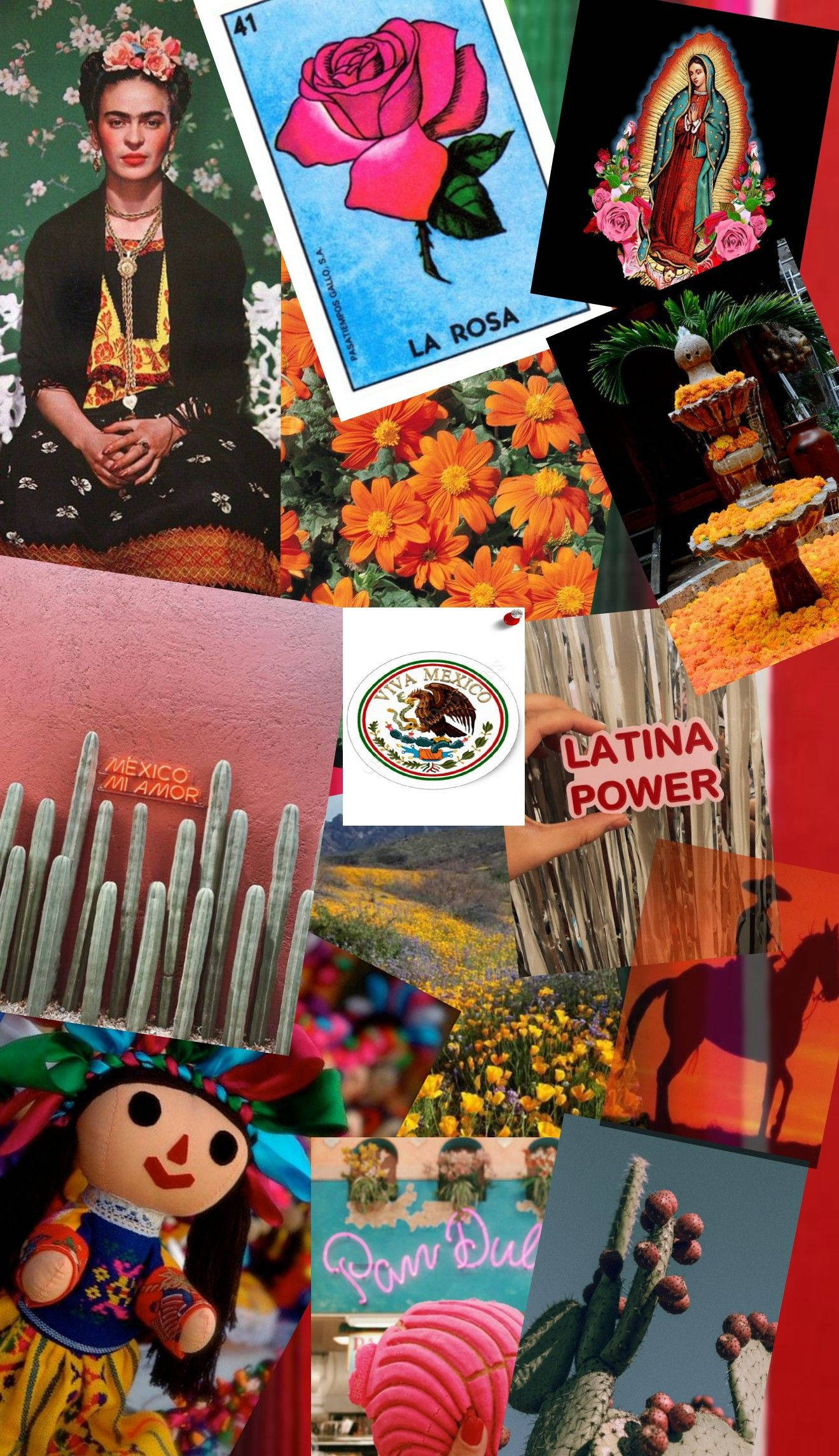 墨西哥 桌布 壁紙 — 充滿活力的墨西哥文化拼貼畫， featuring Frida Kahlo、La Rosa 塔羅牌、仙人掌、萬壽菊和傳統娃娃。