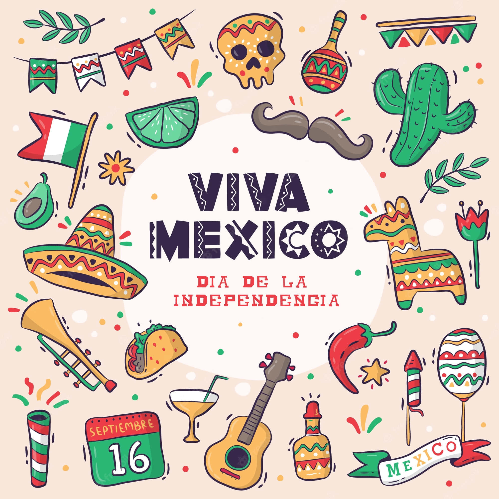 Viva Mexico 桌布 壁紙 — 充滿活力的墨西哥獨立慶祝插圖，以寬邊帽、沙鈴、仙人掌和墨西哥捲餅圍繞中央的「Viva Mexico」文字。