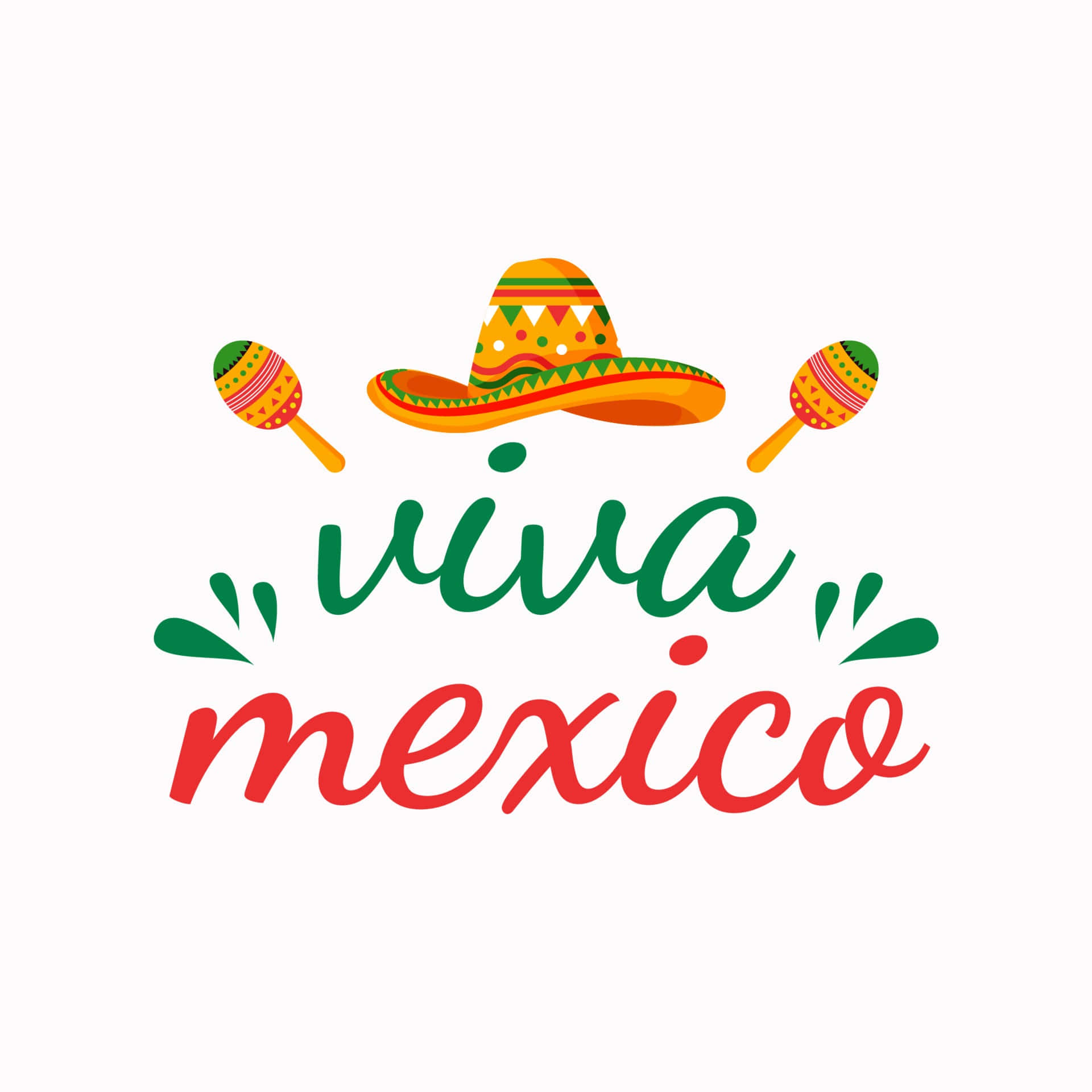 Viva Mexico 桌布 壁紙 — 充滿活力的墨西哥闊邊帽和沙鈴，襯托著色彩繽紛的節日字體 'viva mexico'。