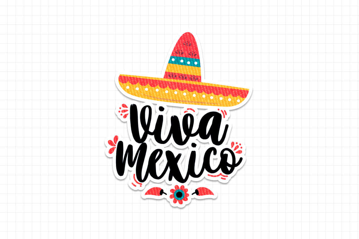 Viva Mexico 桌布 壁紙 — 充滿活力的墨西哥闊邊帽貼紙，帶有「viva mexico」文字和花卉點綴，背景為方格紙。