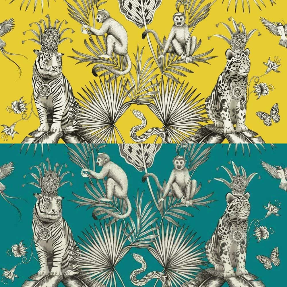 Tropical Aesthetic 桌布 壁紙 — 充滿活力的壁紙，在鮮豔的黃色和藍綠色背景上，描繪了雄偉的老虎和猴子，牠們戴著華麗的王冠，周圍環繞著茂密的熱帶植物。