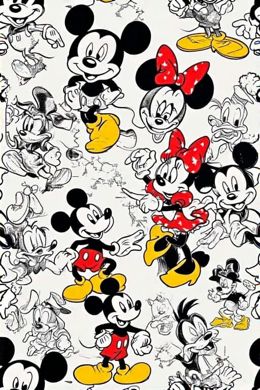 Retro Mickey & Friends Comic Pop 壁紙 — 充滿活力的壁紙圖案，以經典迪士尼角色如米奇、米妮和高飛為特色，採用大膽的黑、白、黃色墨水素描。