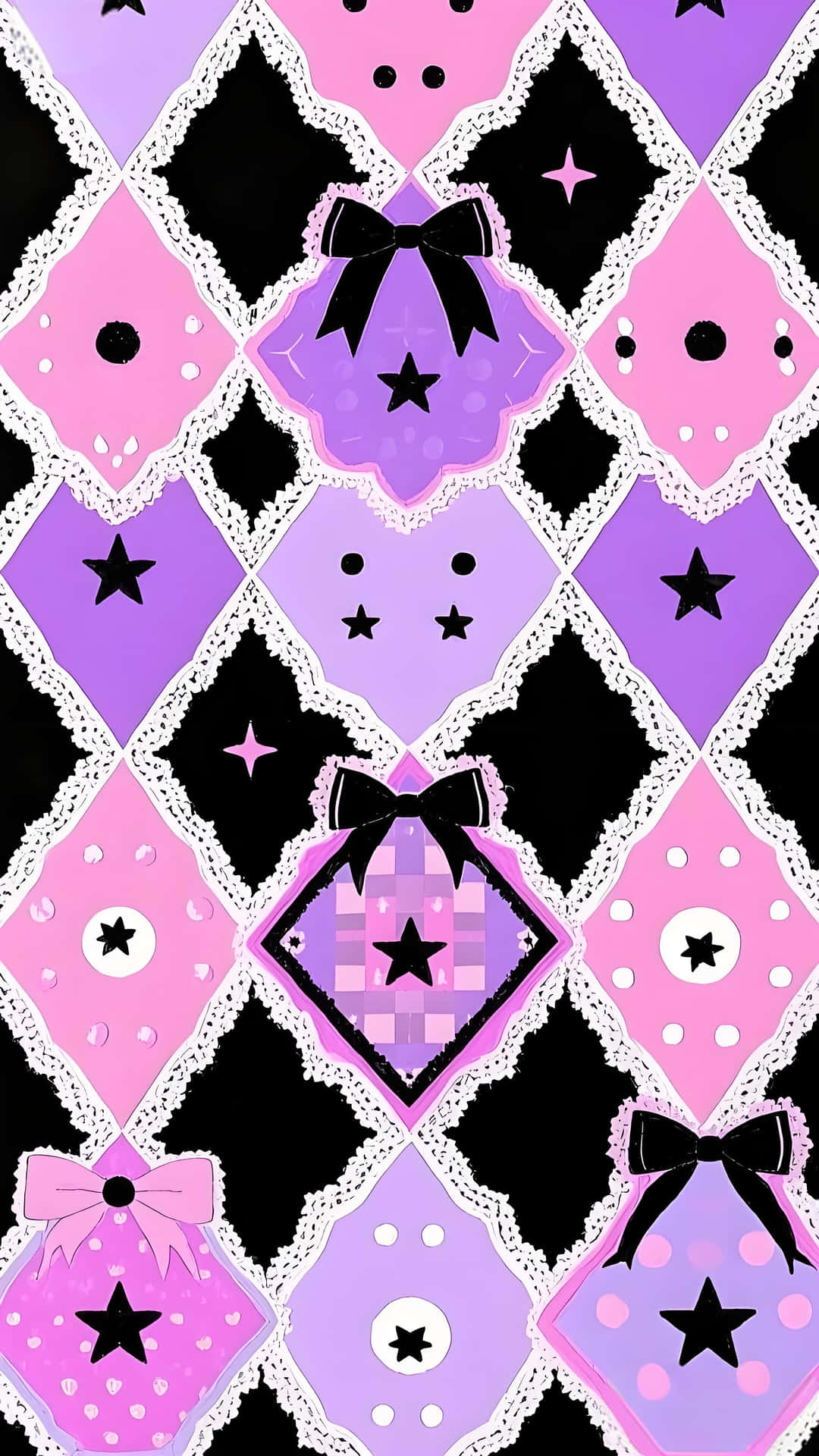 Lolita pattern wallpaper 壁紙 — 充滿活力的壁紙圖案，由粉紅色、紫色和黑色的鑽石形狀組成，飾有蝴蝶結、星星和蕾絲邊。