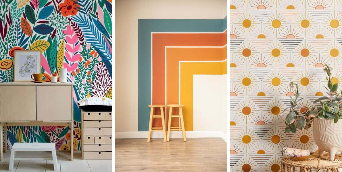 Furniture 桌布 壁紙 — 充滿活力的壁紙拼貼畫，以熱帶植物、幾何色塊和陽光圖案為特色，營造現代室內風格。