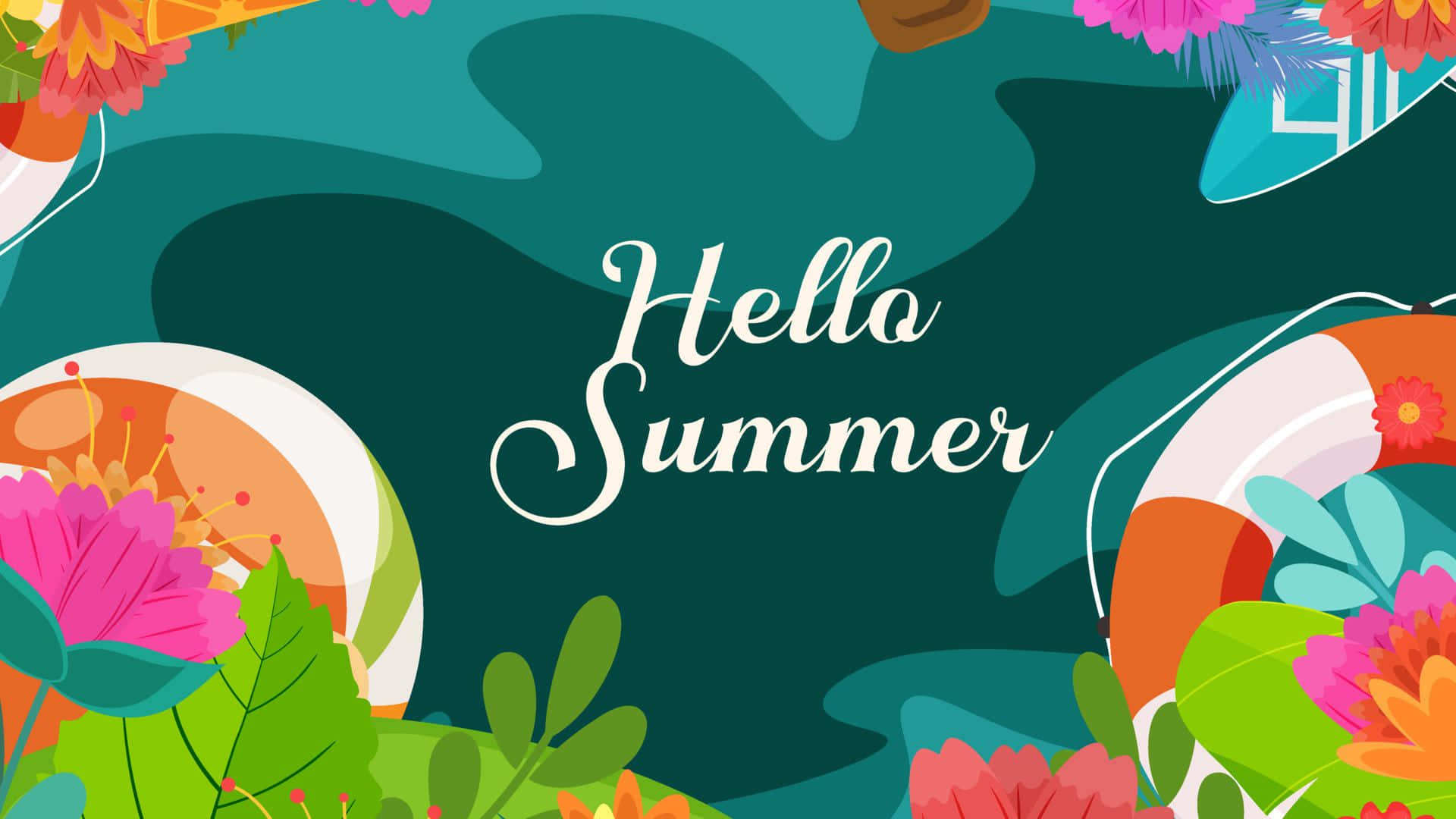 夏天 桌布 壁紙 — 充滿活力的夏季主題插圖，以鮮豔的花朵、救生圈和衝浪板圍繞「Hello Summer」文字。